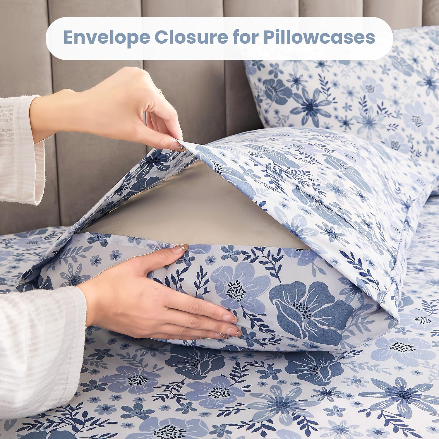 Detalle 1 de Mooreeke Floral Queen Microfibre Sheet Set, Blue Vintage Print, Deep-Pocket Fitted Sheet