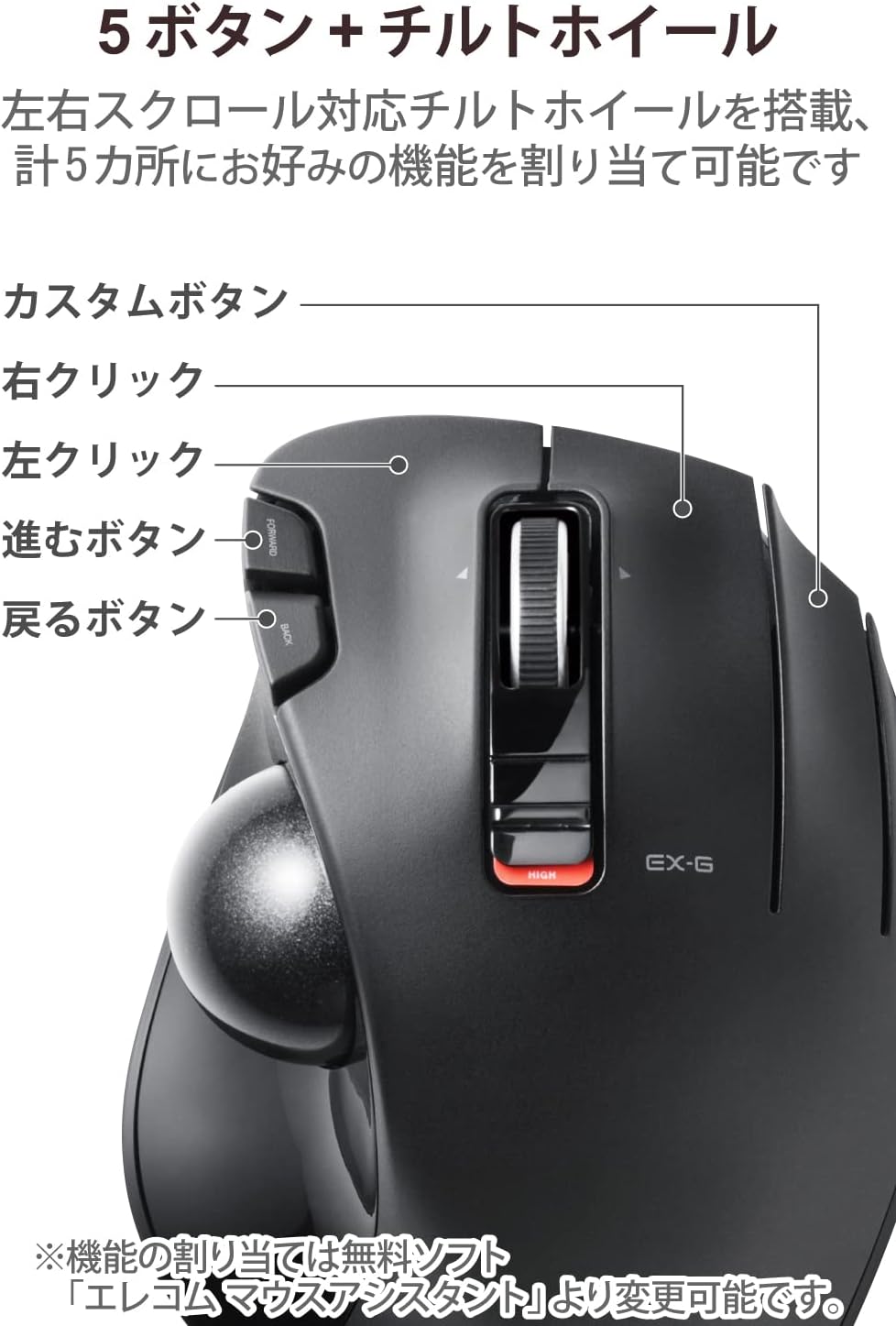 Detalle de エレコム M-XT3DRBK EX-G ワイヤレストラックボール 右手用・6ボタン・チルトホイール