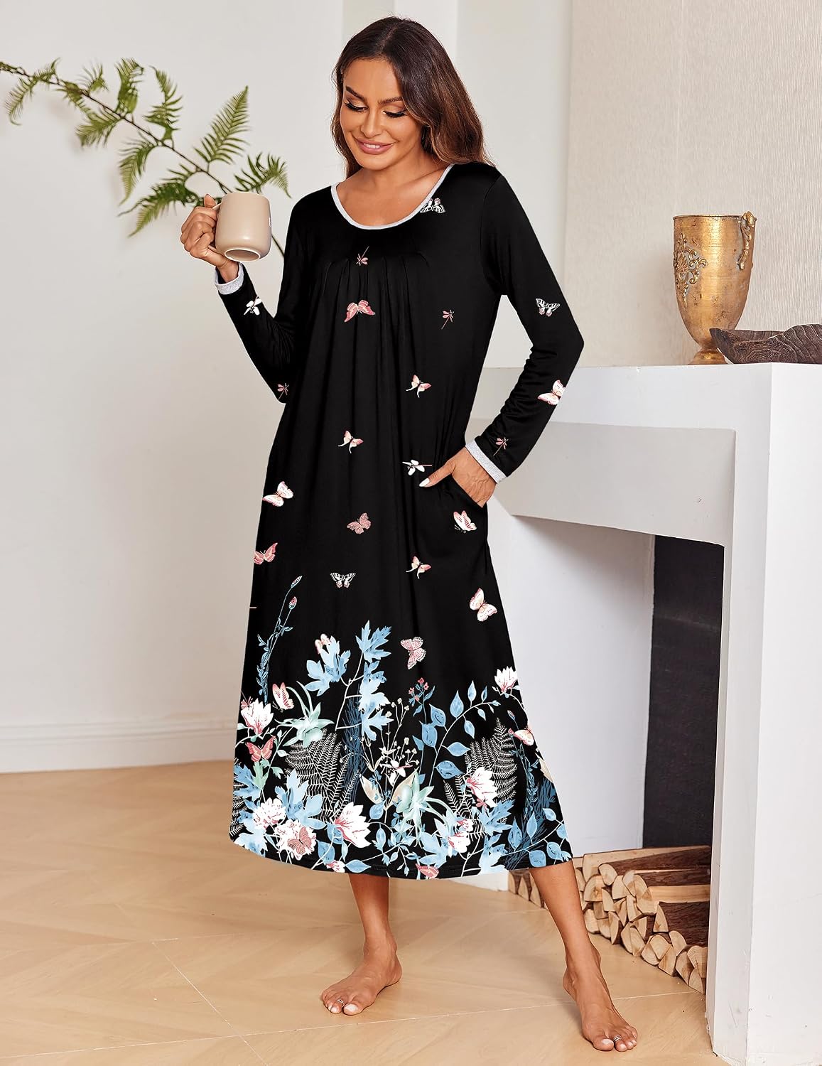 Detalle de Ekouaer Long Nightgown for Women, Full-Length Long-Sleeve Sleep Dress