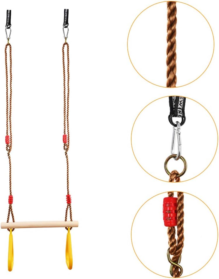 Detalle de GOLDGE Trapez Schaukel Holz – Outdoor Schaukel mit Turnringen, Dinosaurier-Aufklebern und verstellbarem Seil
