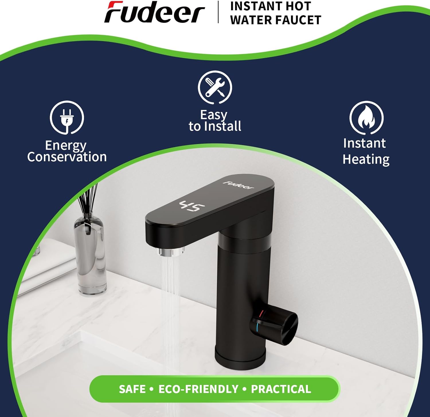 Thumbnail 1 de Fudeer 220V Electric Instant Hot Water Tap (3.3kW) – 120° Rotating, 30–45°C Digital Display, Black