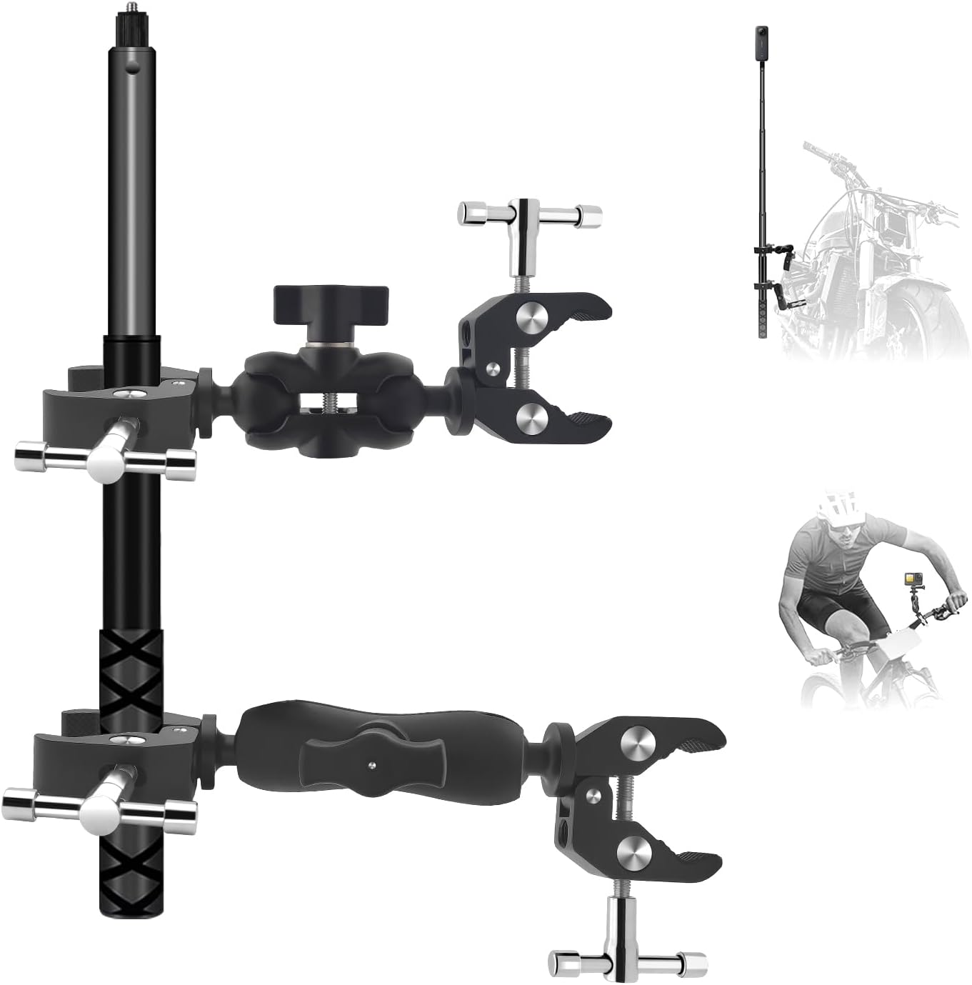 Metal Motorcycle Mount Kit with 47” Invisible Selfie Stick for Action Cameras