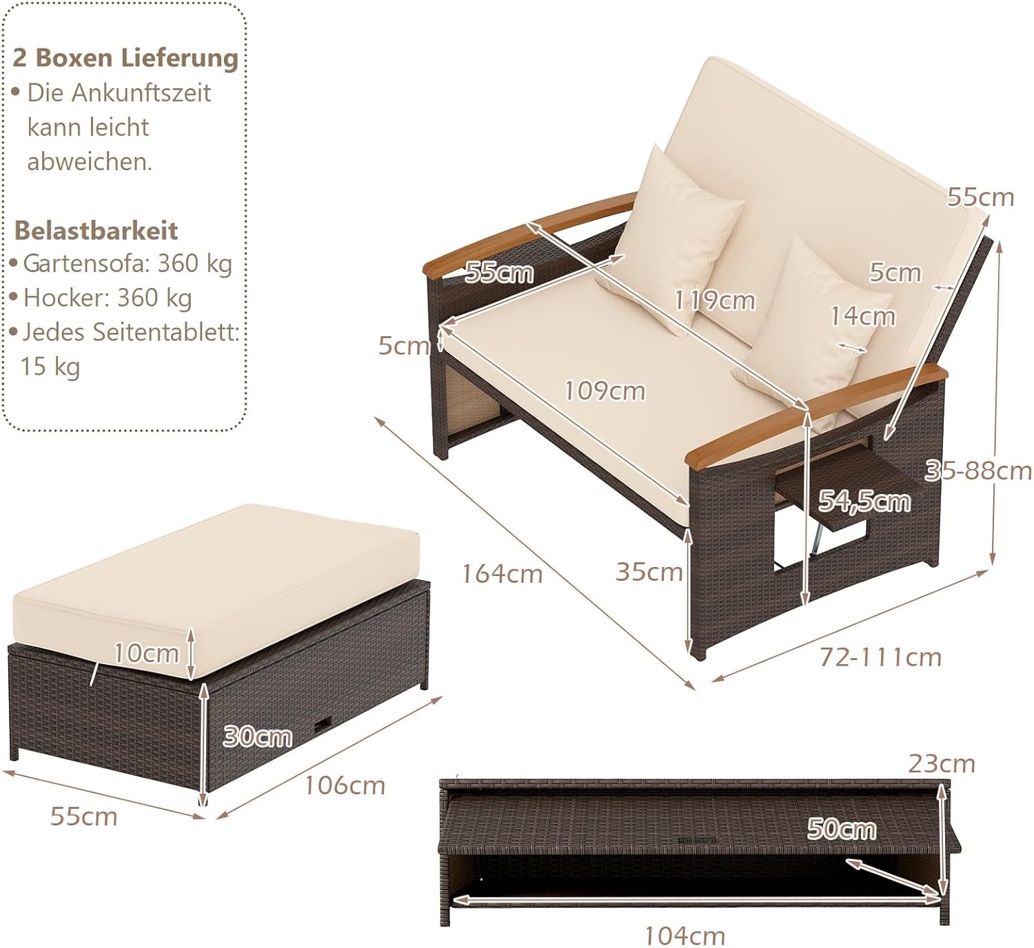 Detalle de GIANTEX Gartenlounge Outdoor Sofa – 3-in-1 Lounge Möbel für zwei Personen