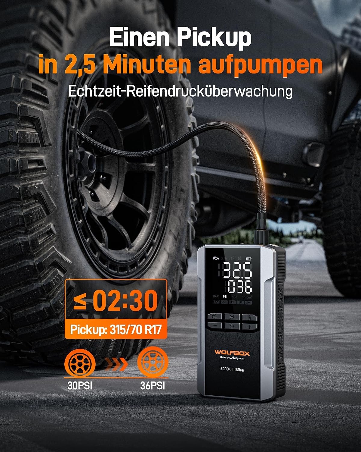 Detalle de WOLFBOX 2000A Starthilfe Powerbank mit Luftkompressor (150 PSI) und LED-Notlicht, 10.000 mAh