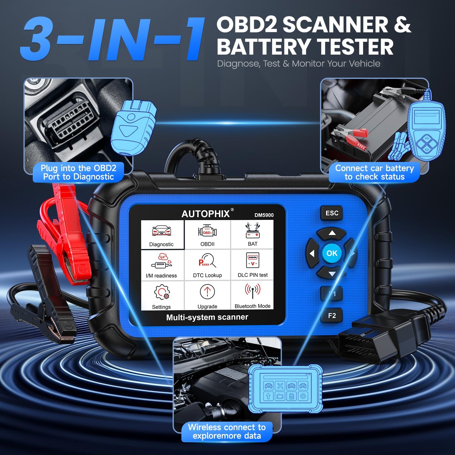 Thumbnail 2 de AUTOPHIX 4 Systems Car Diagnostic Tool: DM5900 4‑System OBD2 Scanner, 12V Battery Tester and Bluetooth Engine Reader