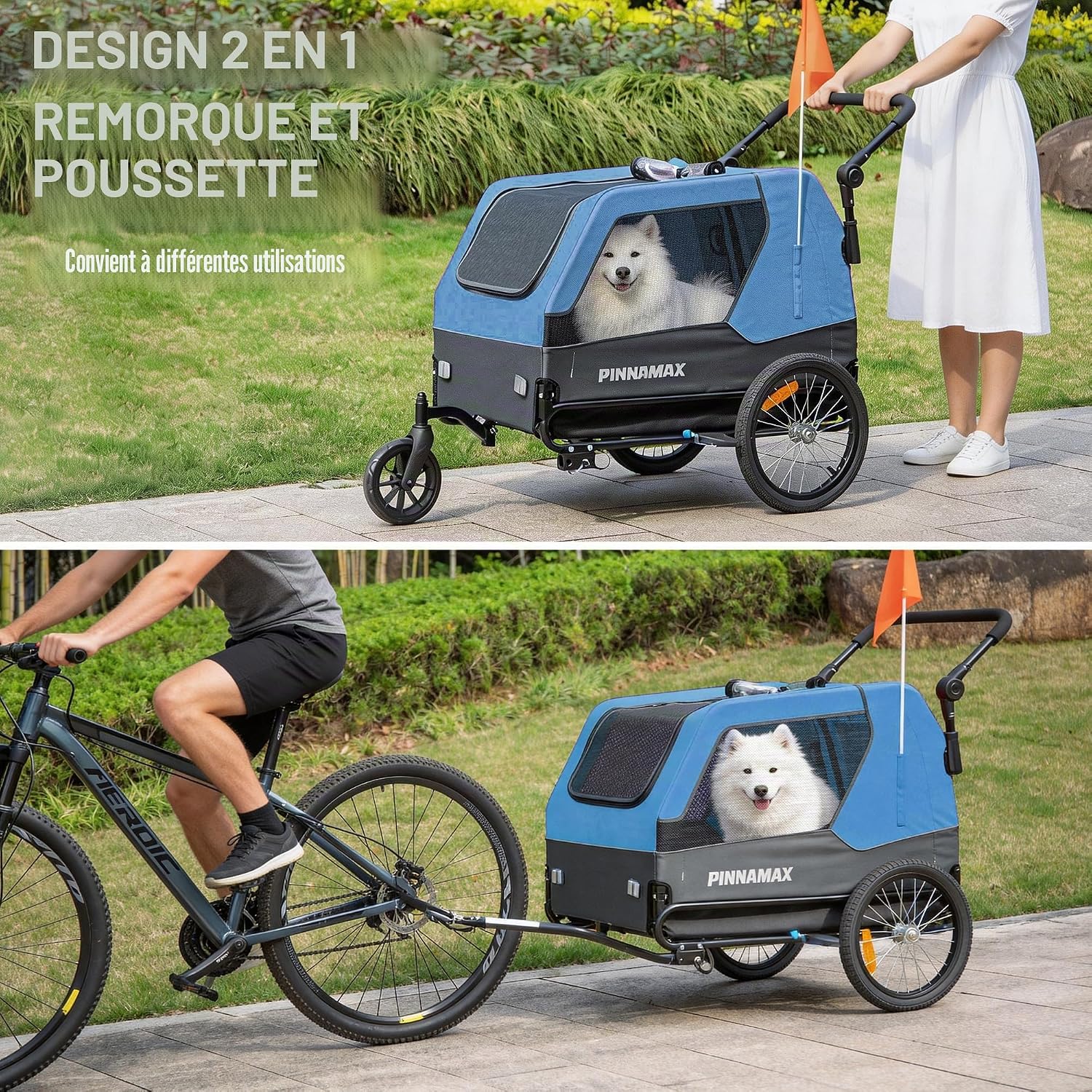 Detalle 2 de Remorque PINNAMAX pour chien – 2 en 1 vélo et poussette, capacité 45 kg, attelage universel