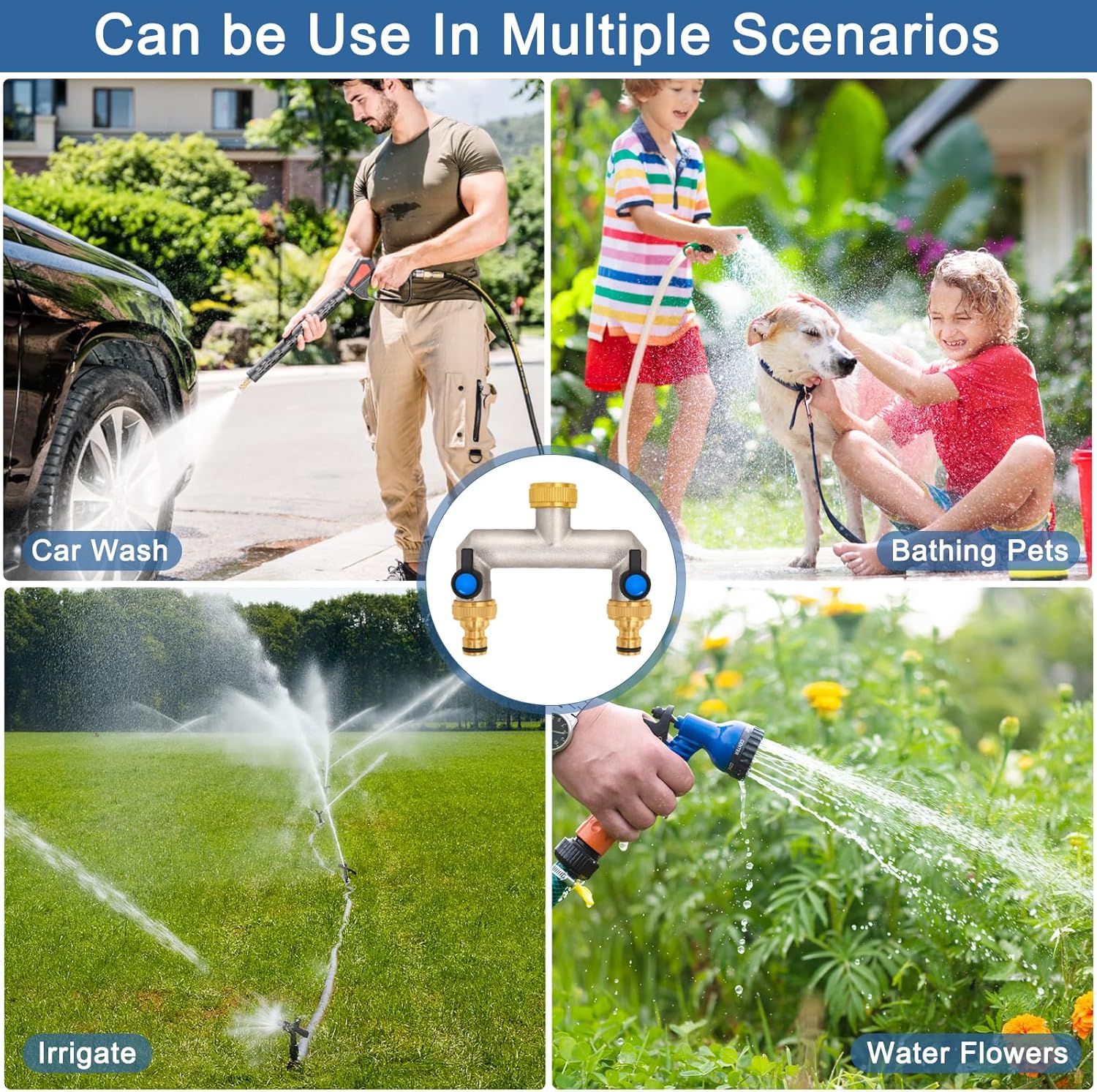 Thumbnail 2 de OPERMAXER 2-Wege Wasserhahn Wasserverteiler aus Messing für 2 Geräte/Gartenschläuche (3/4" auf 1/2" Adapter, Kugelhähne)