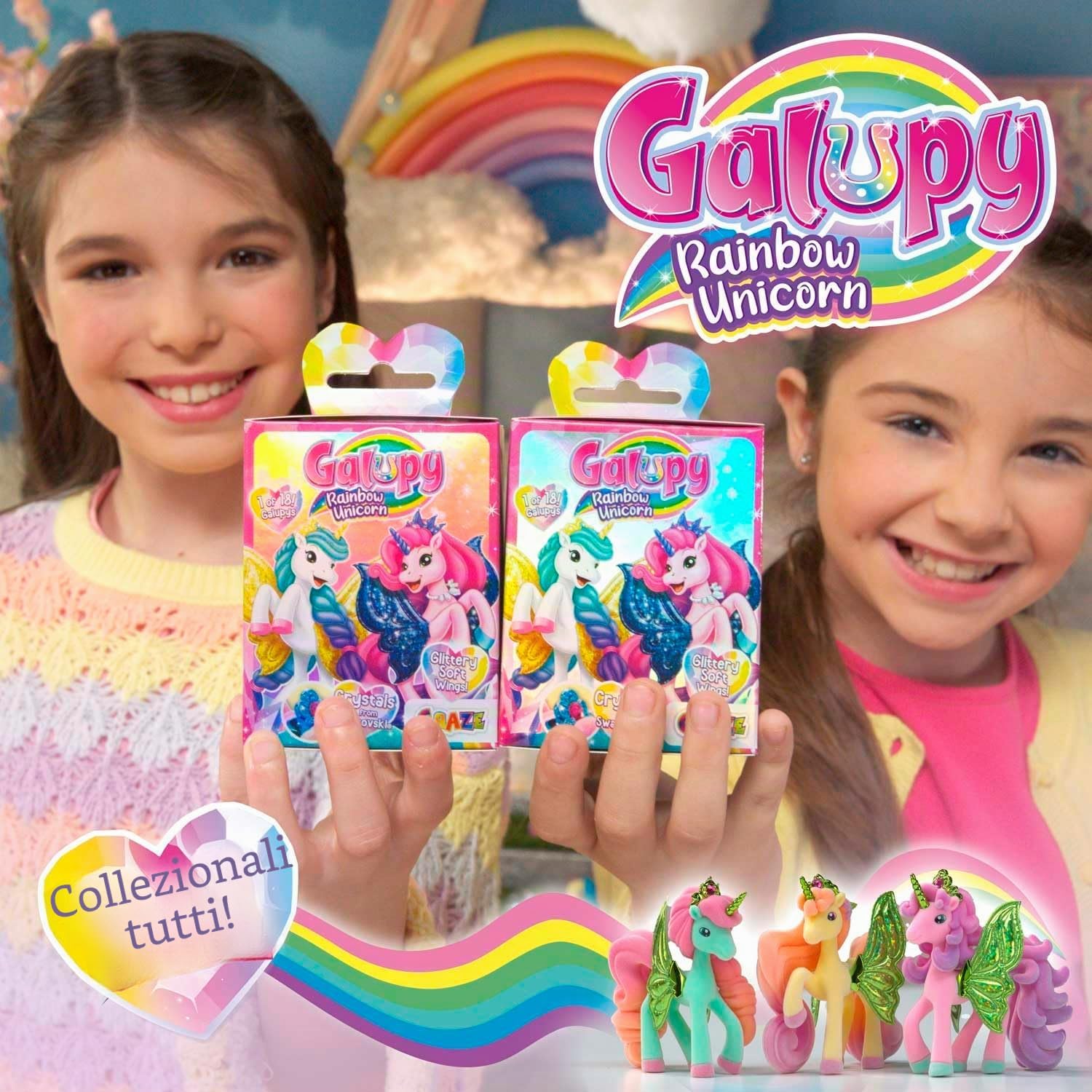 Detalle de Galupy Rainbow Unicorn 6-pack: statuette da collezione unicorni Arcobaleno con ali glitterate e cristallo Swarovski