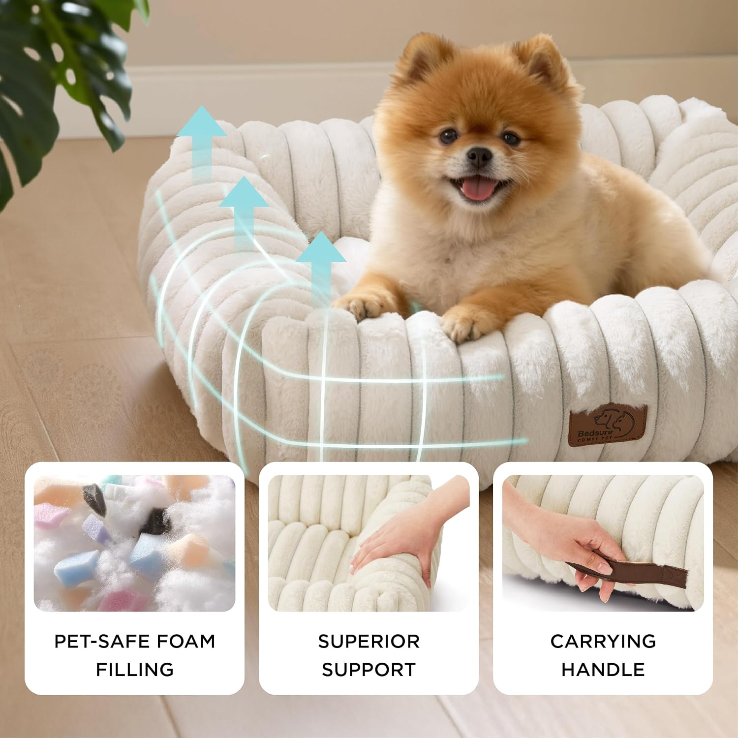 Detalle de Bedsure ComfyFleece® 36-Inch Dog Bed, Cream, Washable Cover, Non-Slip Base