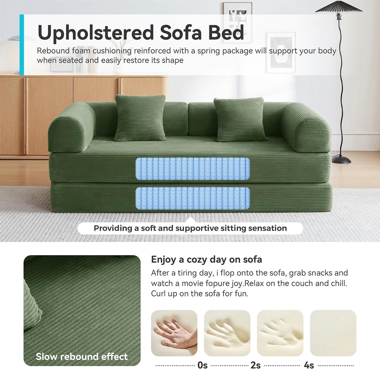 Detalle 1 de QQR 1 79-Inch Convertible Sofa Bed, Dark Green Corduroy Modular Couch
