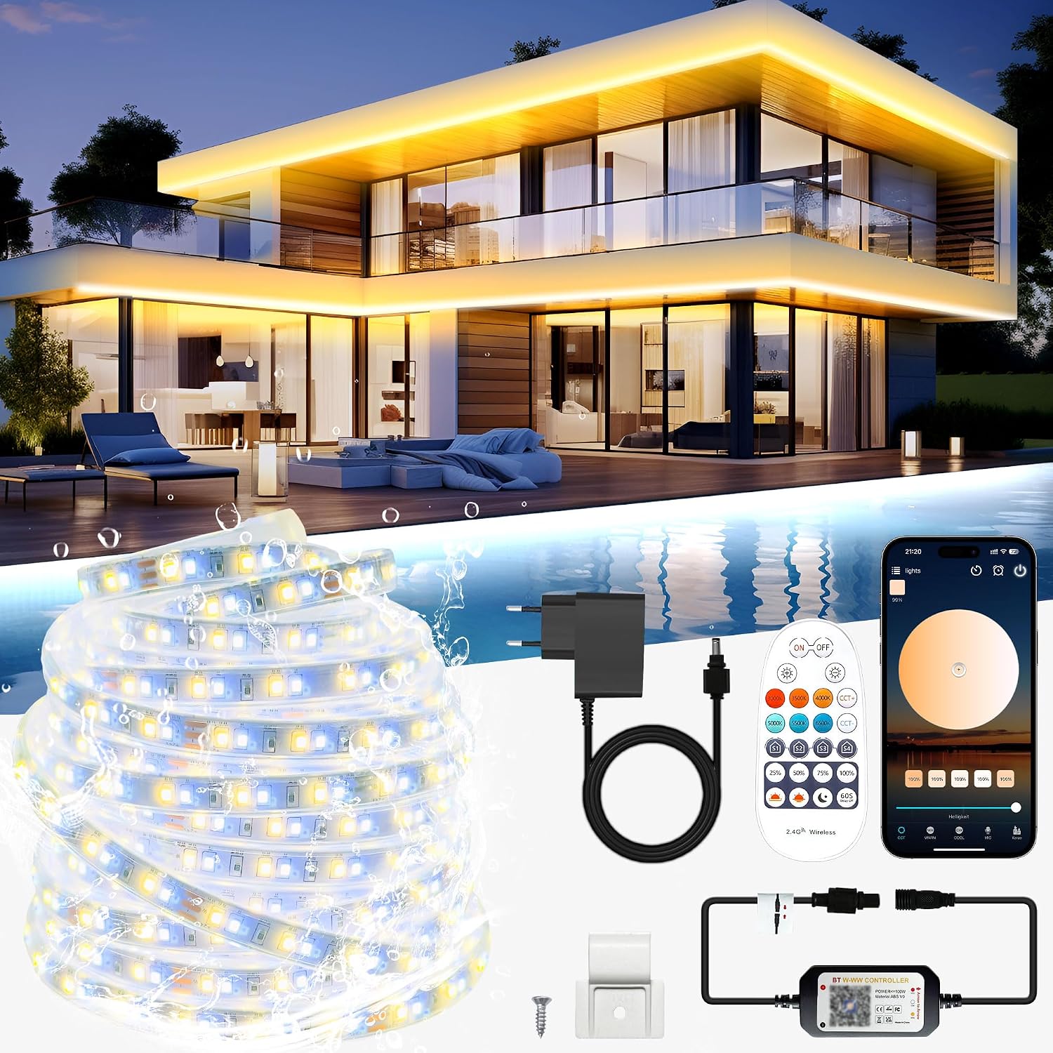 Detalle de TENDIST LED-list för utomhusbruk, 20 m, IP67 och dimbar 3000–6500 K