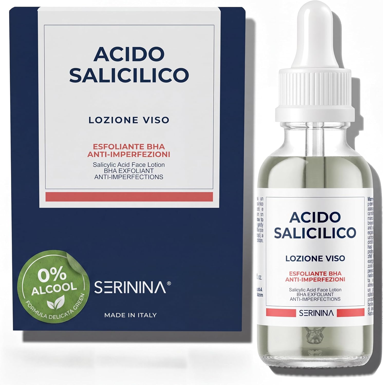 SERININA Acido Salicilico Viso – Siero Esfoliante BHA 2% per Acne e Pori Dilatati