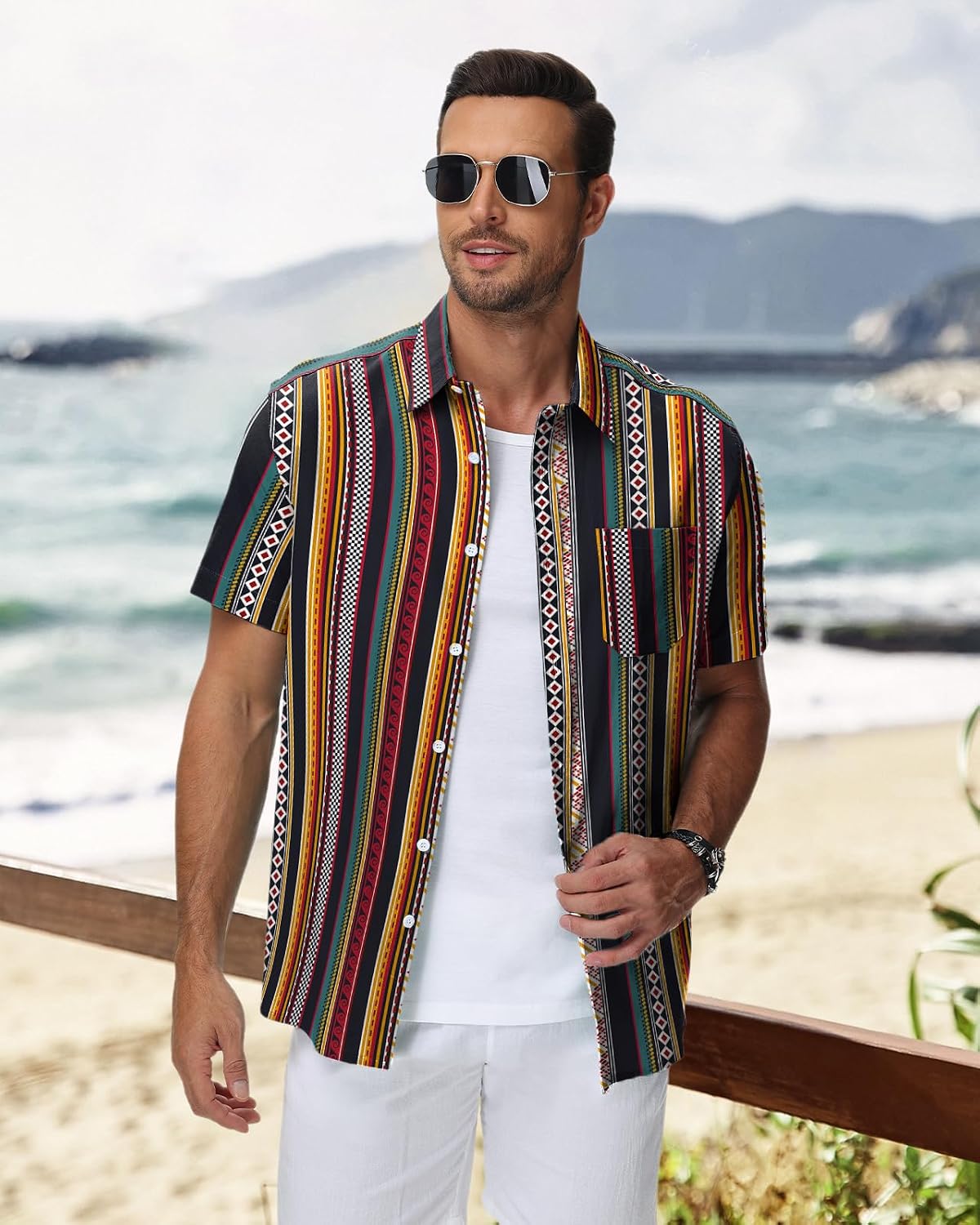 Detalle de HMIYA Herren Hawaii Hemd – 100% Baumwolle, Kurzarm, Unisex, Knopfverschluss, Regular Fit
