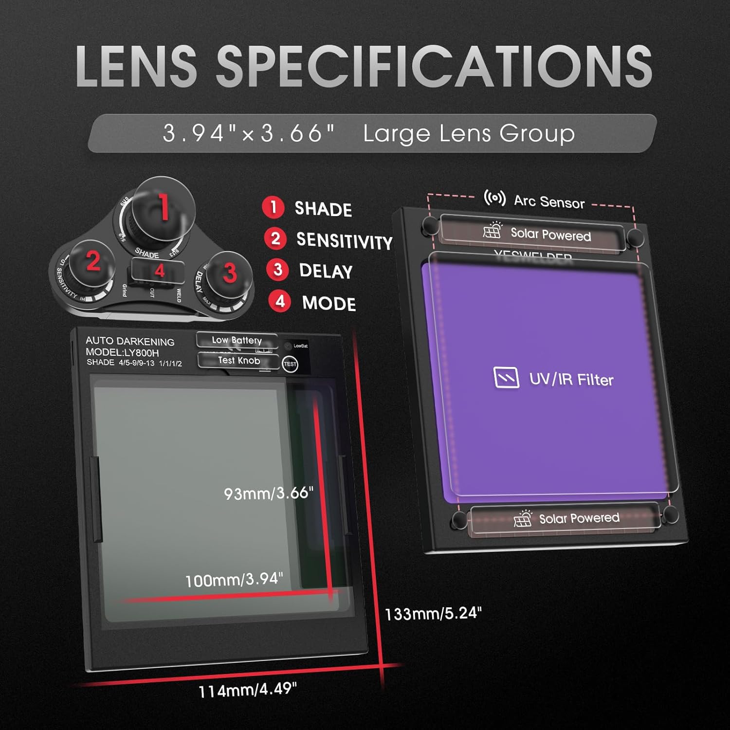 Thumbnail 3 de YESWELDER Maschera da saldatura autoscurante con schermo grande 10x9 cm, 4 sensori e visione a colori reali