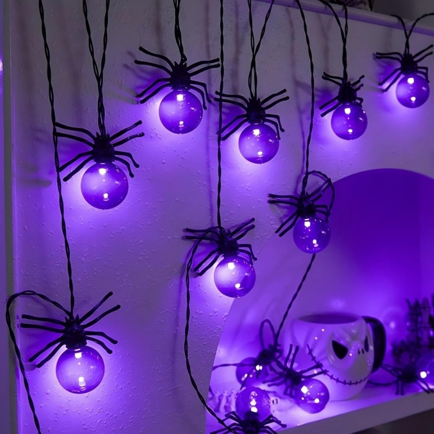 Detalle de Lerphado SSL-001 Purple Spider Halloween String Lights, 10 ft, 20 LEDs