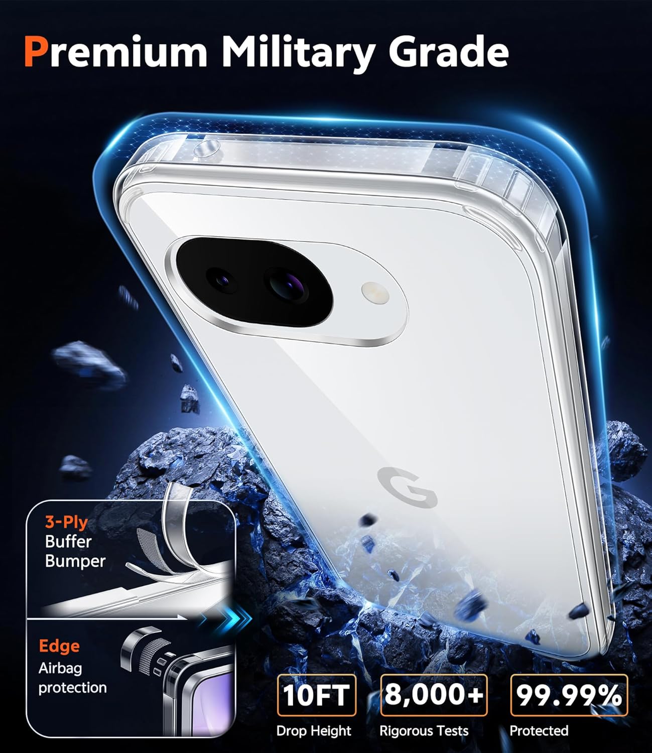 Detalle de FNTCASE Clear Case with Screen Protector for Google Pixel 10a — Anti-Yellowing, Military-Grade Drop Protection
