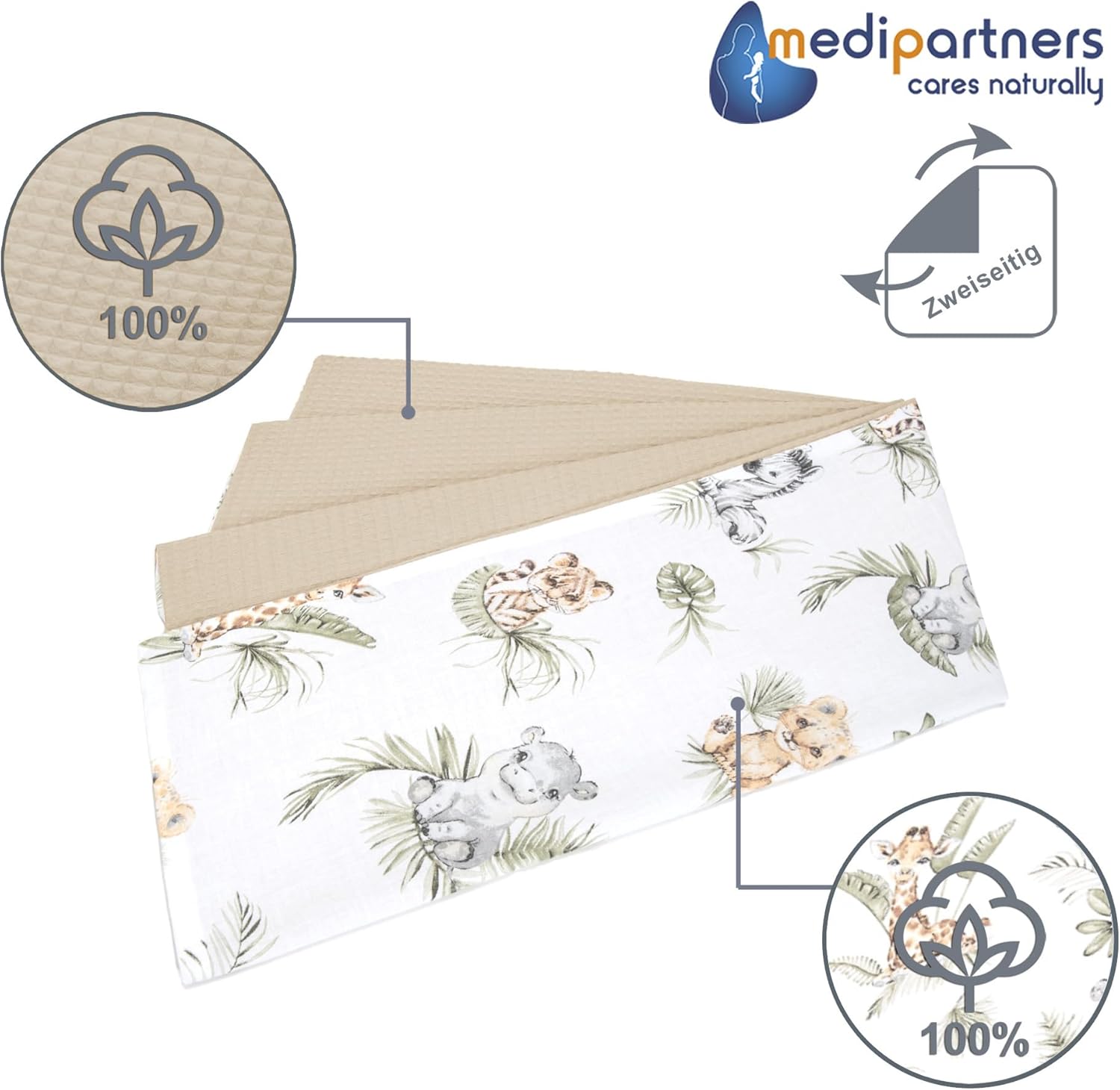 Thumbnail 2 de Medi Partners Babydecke Safari Grau mit Waffelstruktur – 75x100 cm, 100% Baumwolle, zweischichtig, Öko-Tex zertifiziert