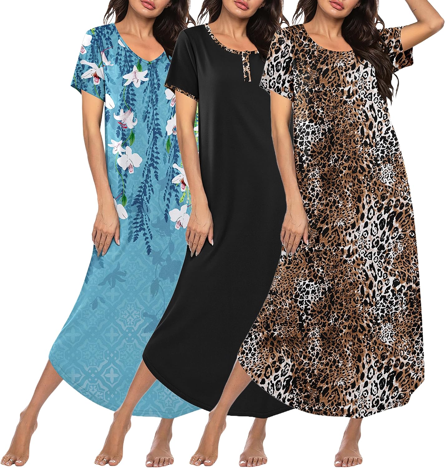 Detalle de Ekouaer 3-Pack Plus-Size Long Nightgowns, Short-Sleeve with Three Necklines