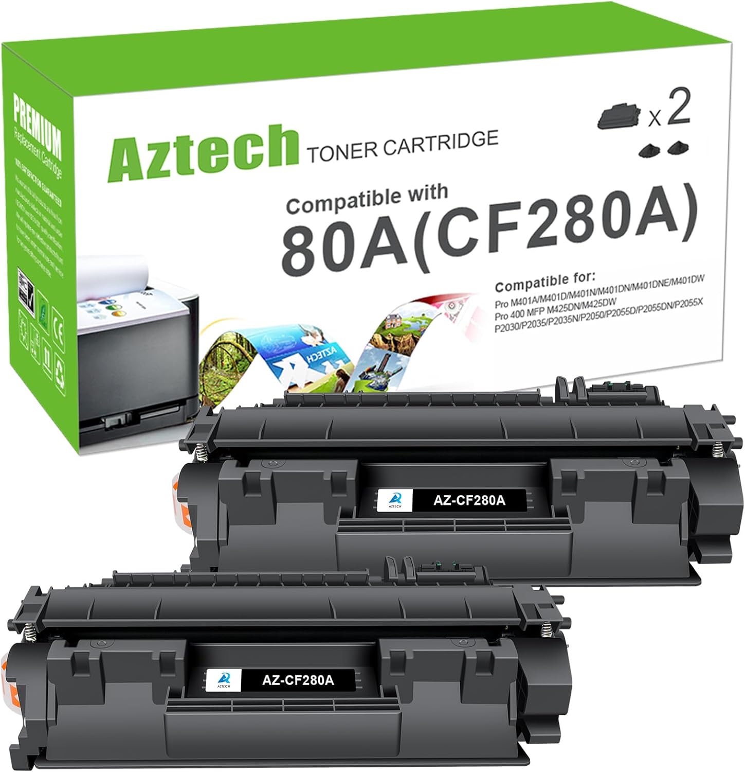 Detalle de Aztech 80A CF280A Black Toner Cartridge, Compatible 2-Pack