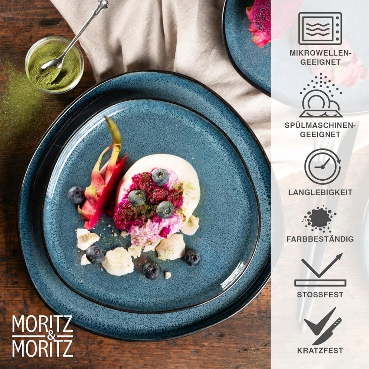 Detalle de Moritz & Moritz ORGANIC 18-teiliges Geschirrset für 6 Personen (Steinzeug, Blau)