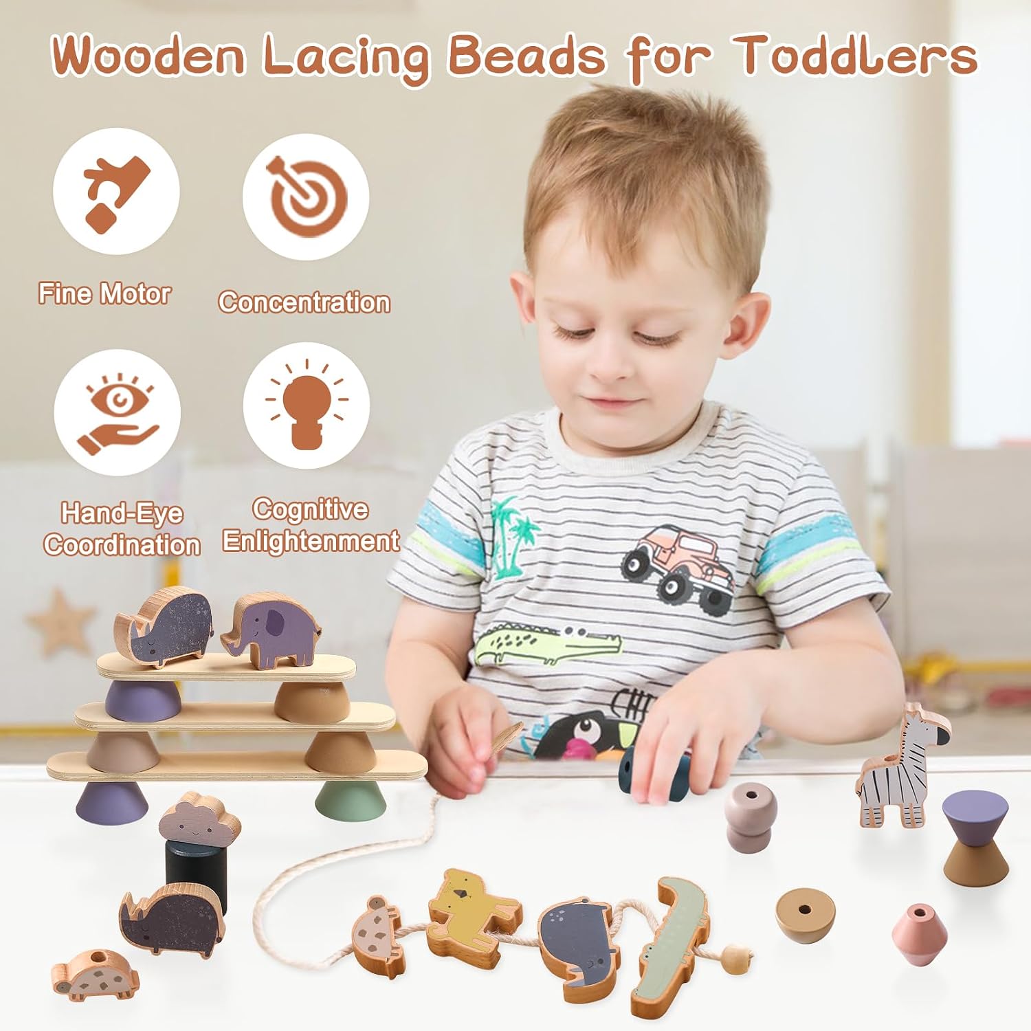 Thumbnail 3 de Smartwo Wooden Animal Threading and Stacking 30 pack