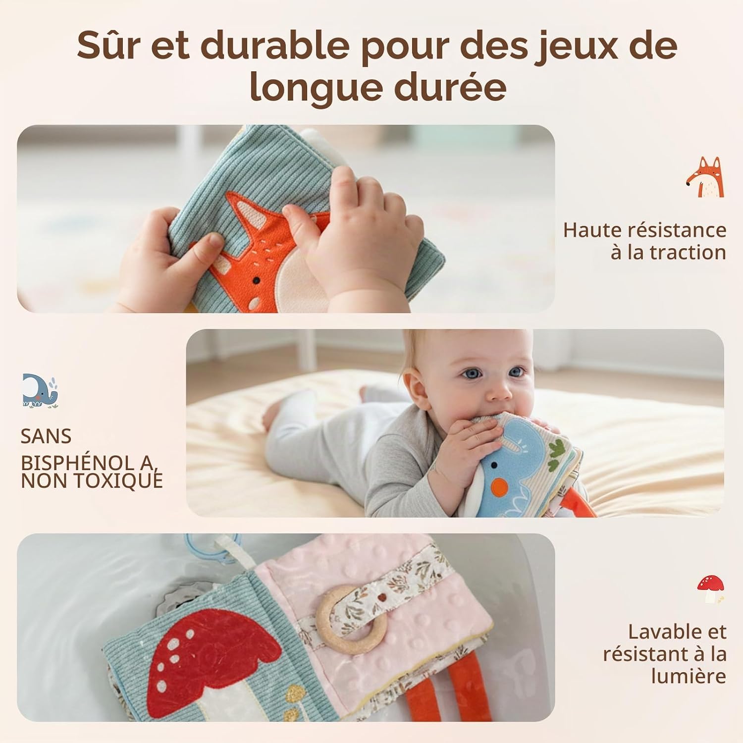 Detalle de WOODEN TEETHER stoffen babyboek met spiegel, knisperpagina’s en houten ring