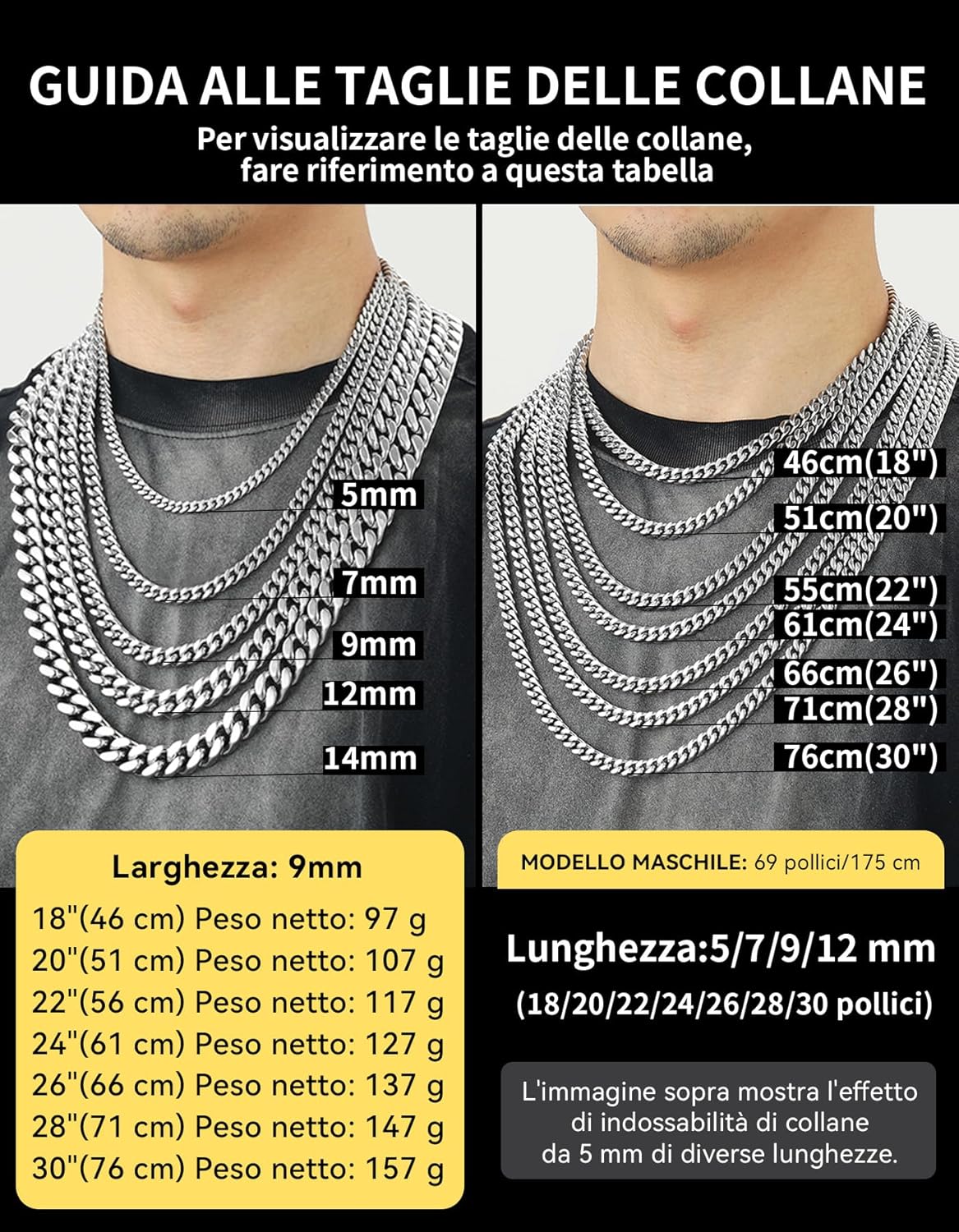Detalle de ChainsHouse Collana Uomo in Acciaio a Catena Cubana spessa – 46–76 cm, 5/7/9/12 mm, placcata Oro/Nero/Argento