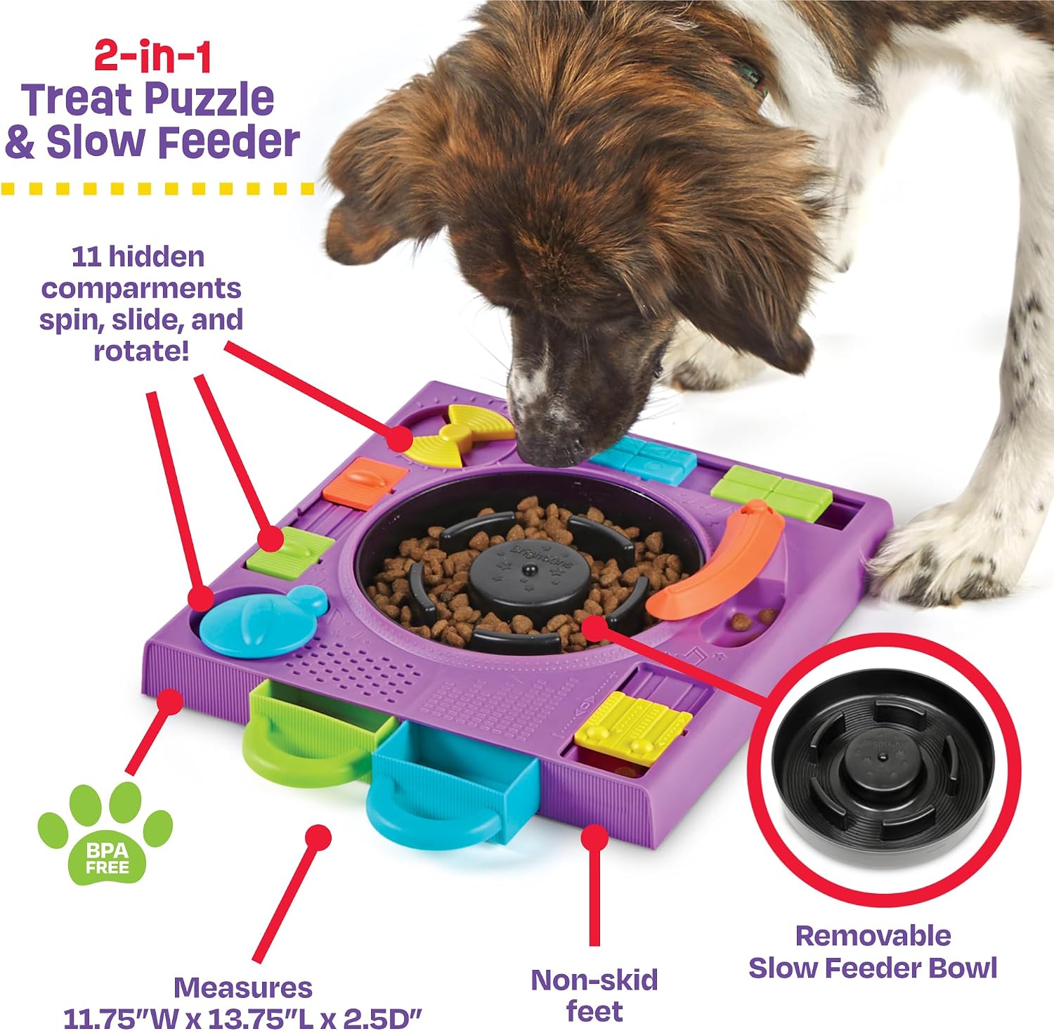 Detalle 2 de Brightkins DJ Doggo Puzzle Feeder: 2-in-1 Slow Feeding Bowl & Interactive Toy