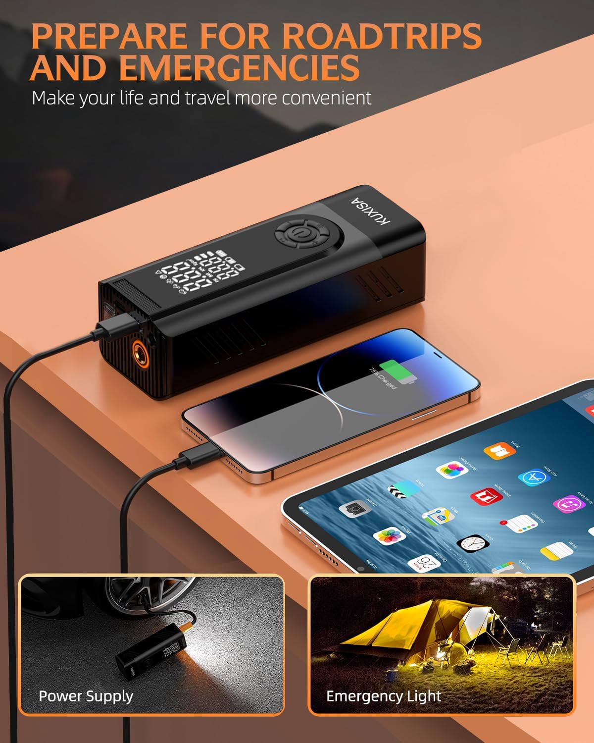 Thumbnail 4 de KUXISA Tire Inflator Portable Air Compressor: 180 PSI, 3x Faster Inflation, Dual Screen & Multi-Mode