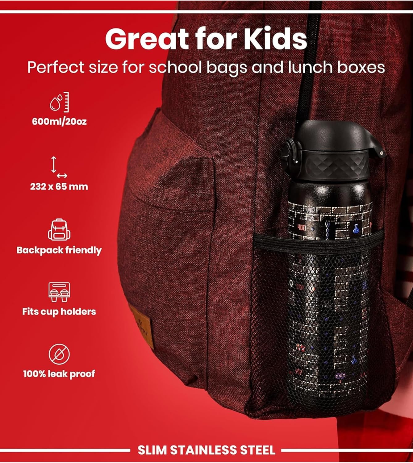 Detalle 2 de ION8 Water Bottle 500ml/18oz: Slim Stainless Steel, Leak‑Proof & BPA‑Free