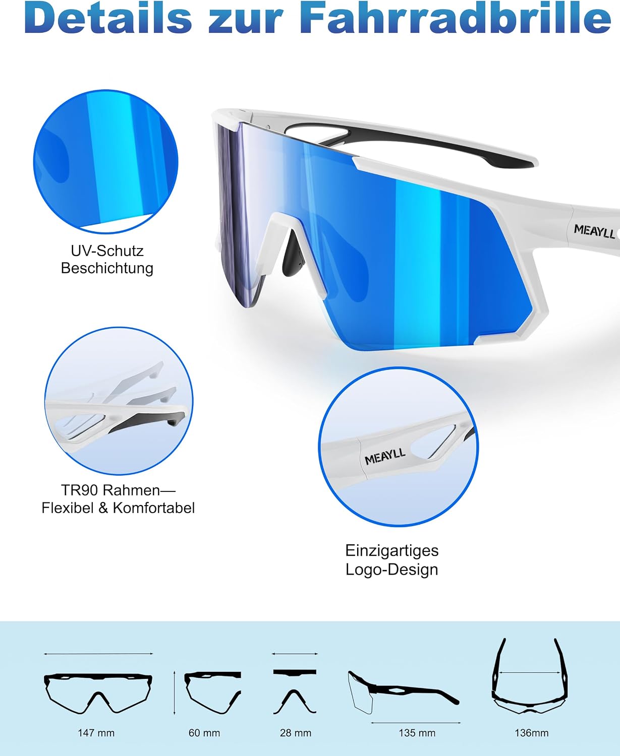 Detalle 2 de Meayll Fahrradbrille Herren Damen – UV400 Schutz, TR90 Rahmen, verstellbare Nasenpads