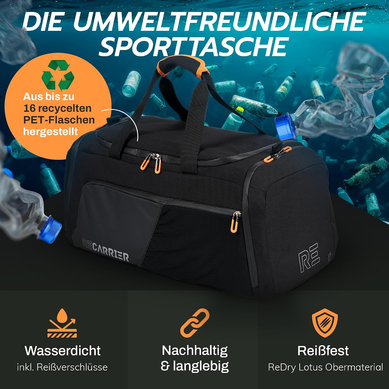 Detalle de RECARRIER Sporttasche 50L – Wasserdichte Gym Bag aus recyceltem PET mit Schuhfach