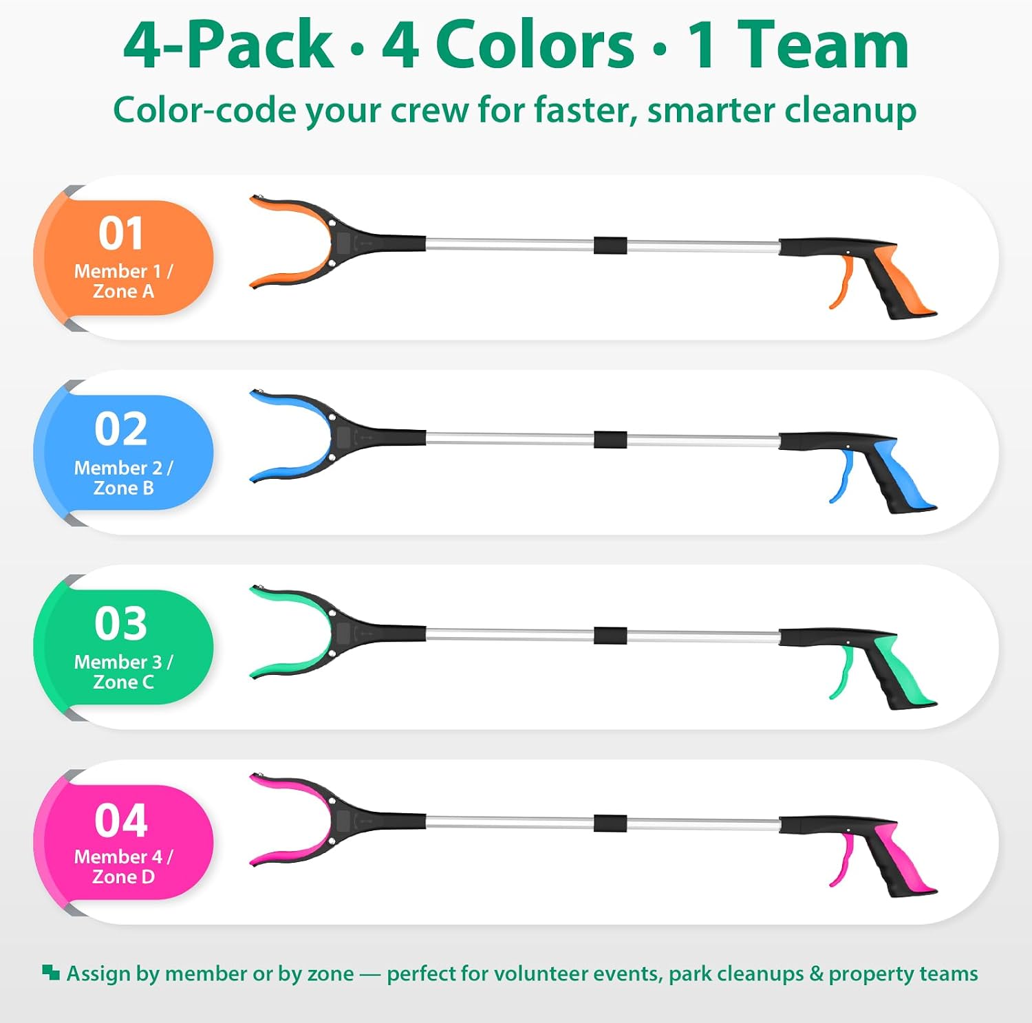 Detalle 2 de rewkcy 4 Pack Litter Pickers Grabber Stick, 32in Heavy-Duty Reach with 360° Rotating Jaw and Magnetic Tip