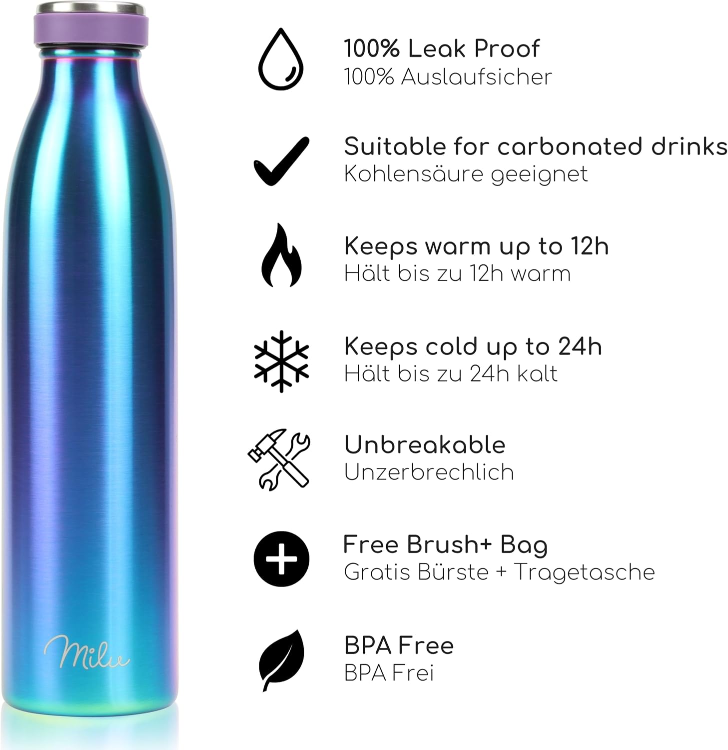 Detalle de Milu Edelstahl Trinkflasche 750ml – auslaufsicher, doppelwandige Vakuumisolierung, inkl. Reinigungsbürste