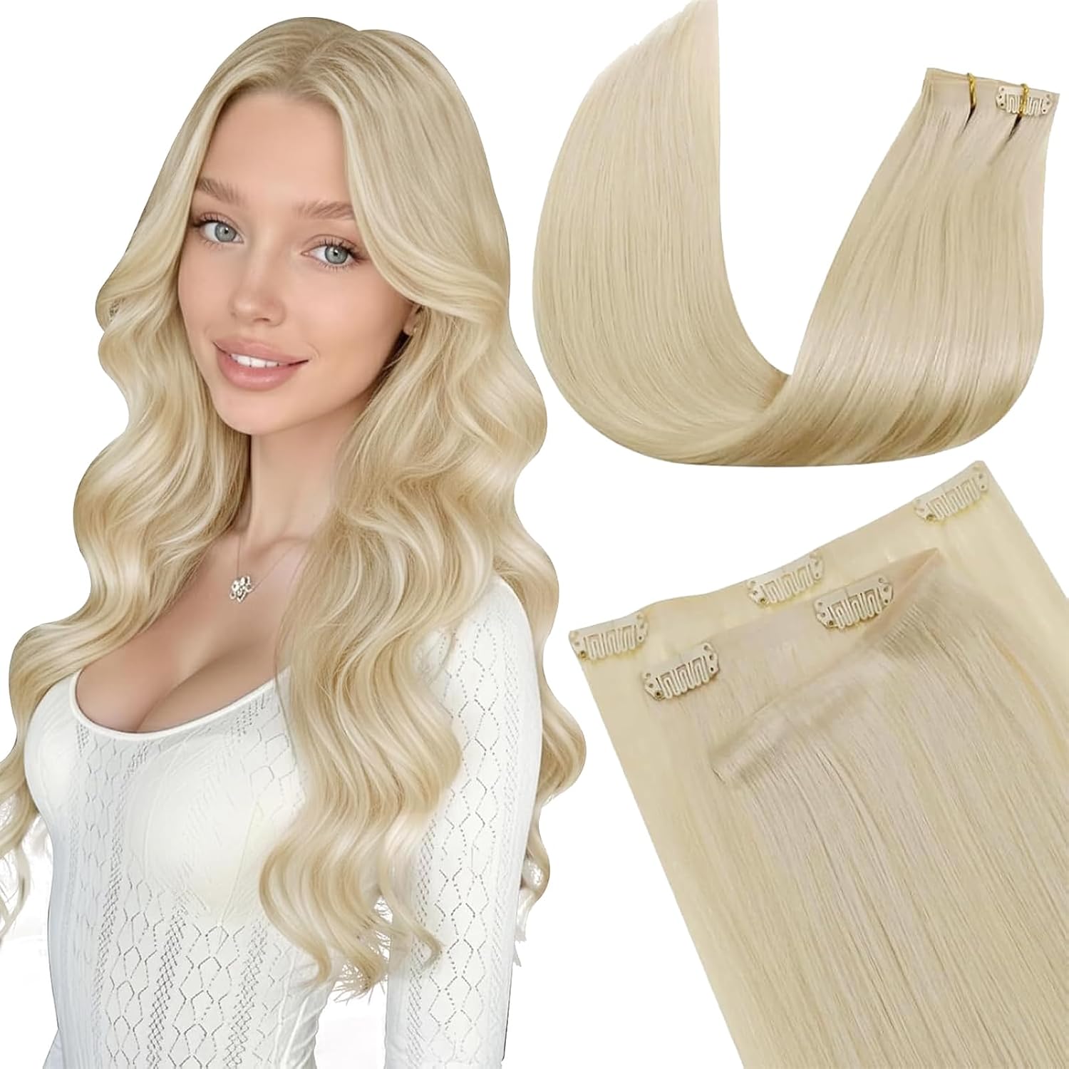 Detalle de LaaVoo Seamless Clip-in Echthaar Blond 55 cm, 100 g – 4er-Set
