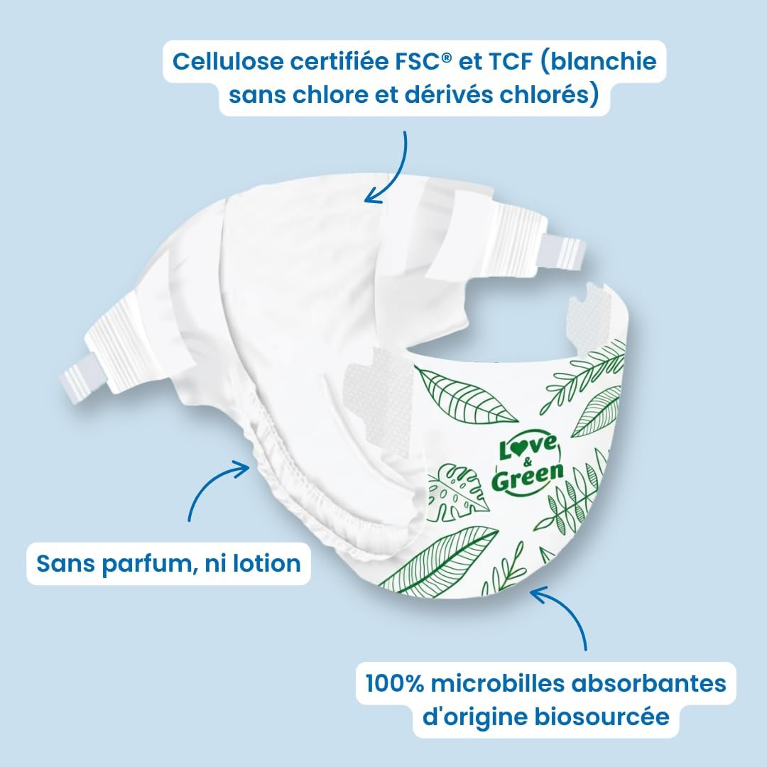Detalle 2 de Love & Green Couches Bébé Saines et Écologiques – Taille 5 (11-25 kg) – Pack 1 Mois (160 couches)