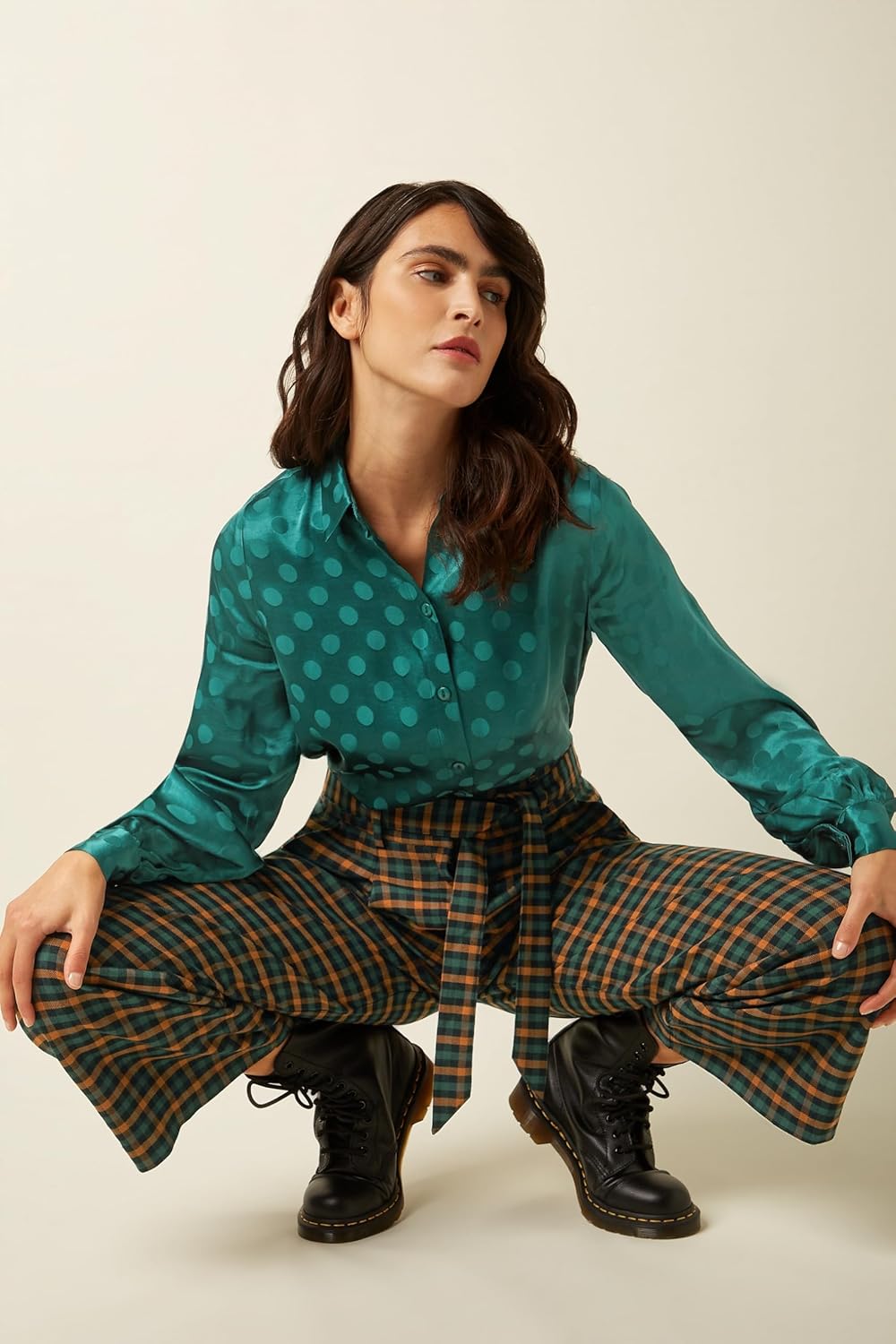 Detalle de King Louie Damen Hose AVA Pants Brook Check – Karomuster, Wide-Leg mit Bindegürtel