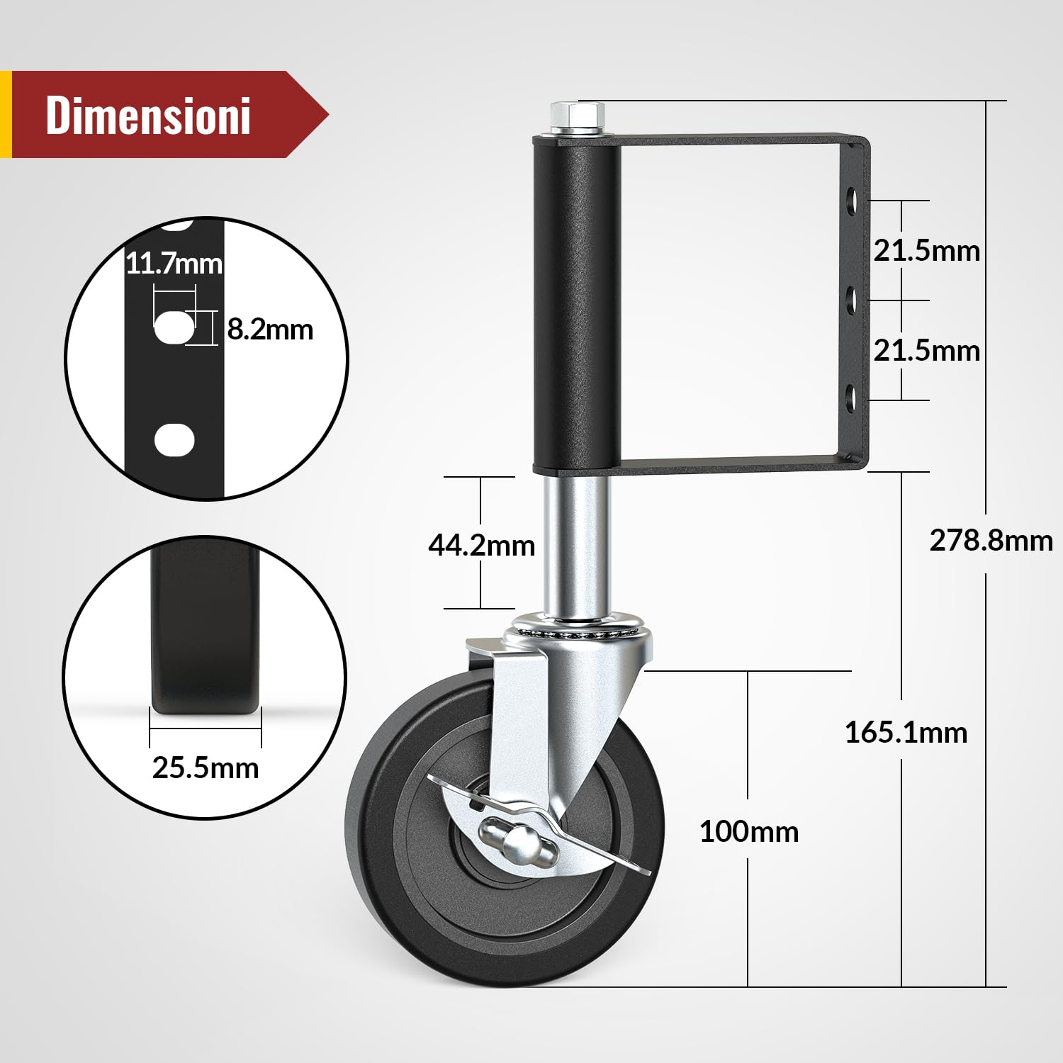 Detalle 2 de HOLKIE Ruota per Cancelli da 100 mm con Molla Integrata – Ruota Girevole per Cancelli in Legno e Recinzioni, Portata 100 kg (Nero)