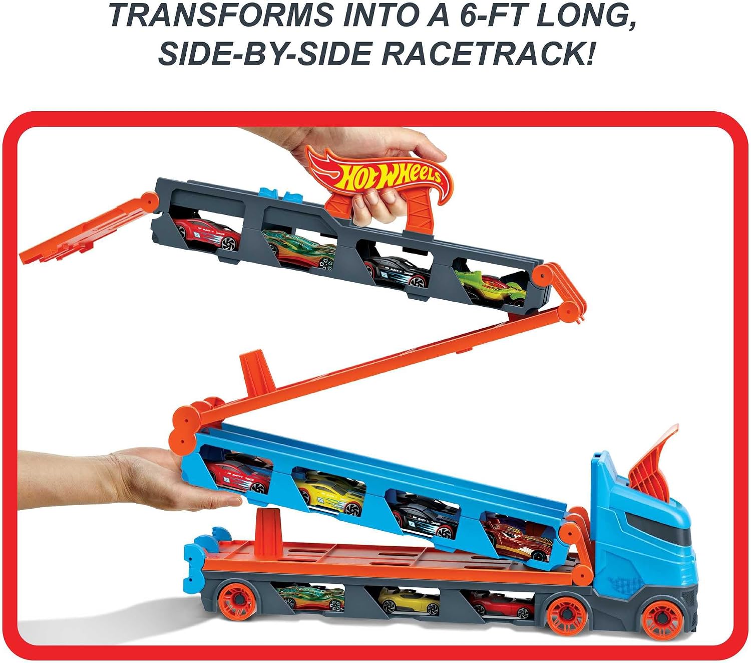 Detalle de Hot Wheels Speedway Hauler & 3 1:64 Scale Cars – All-in-One Playset