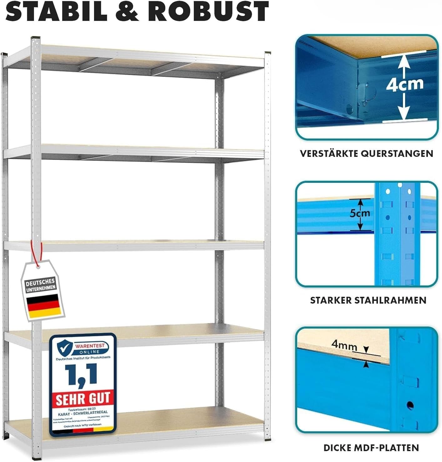 Thumbnail 2 de KARAT schwerlastregal Steckregal (Keller-/Lagerregal) – Traglast bis 1.250 kg, Schnellmontage, blau, 180 × 90 × 45 cm