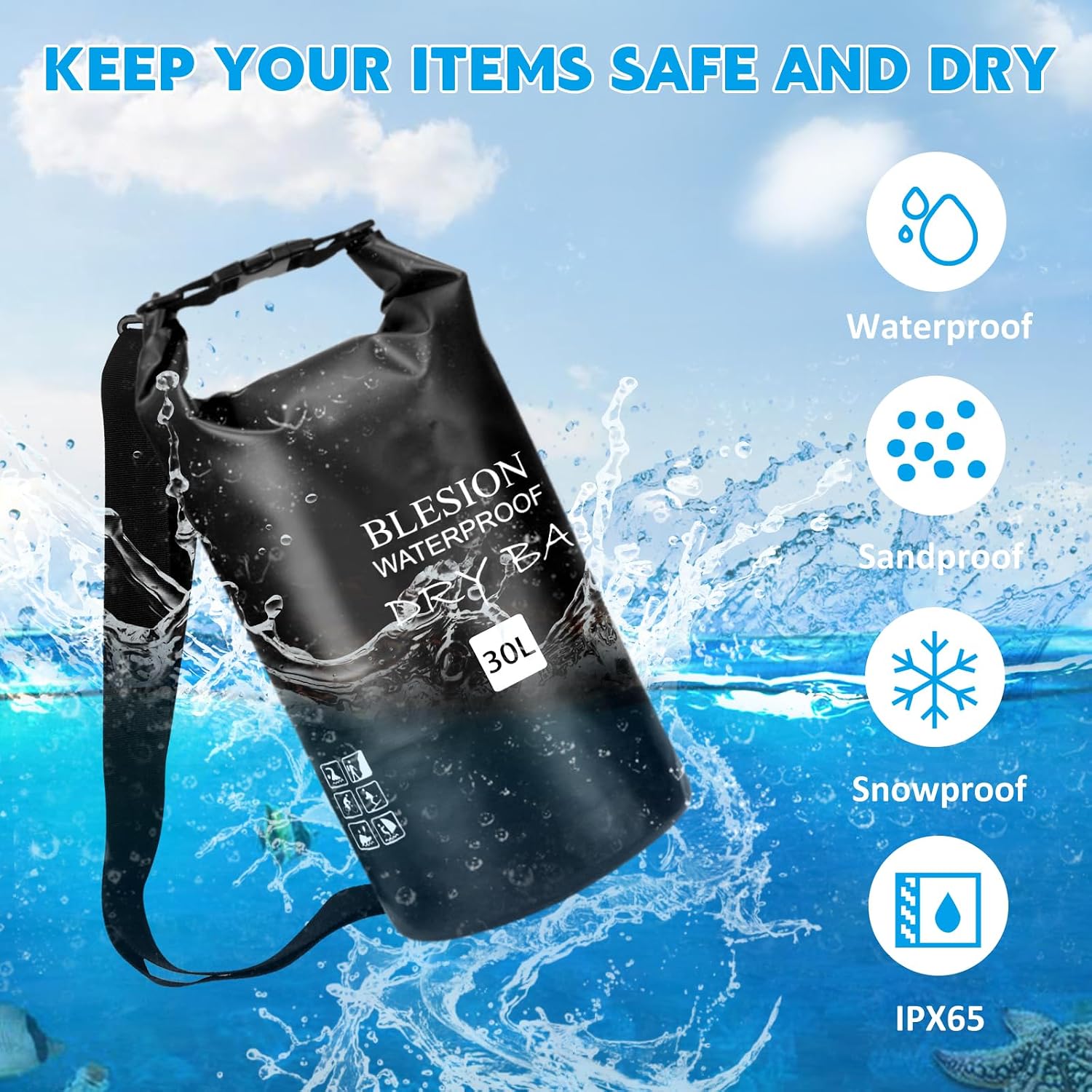 Detalle de BLESION Dry Bag wasserdichte Tasche 5–30 L mit verstellbarem Schultergurt für Kajak, Angeln, Schwimmen & Reisen