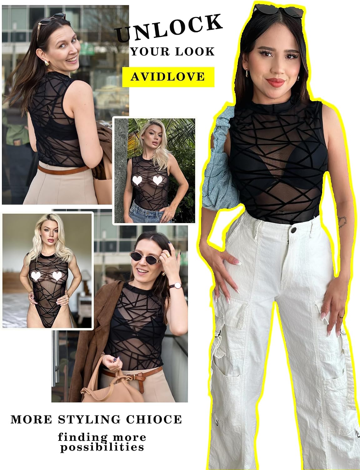 Detalle de Avidlove Damen Mesh Bodysuit – ärmelloses Netzoberteil mit Rundhals, transparentes Design