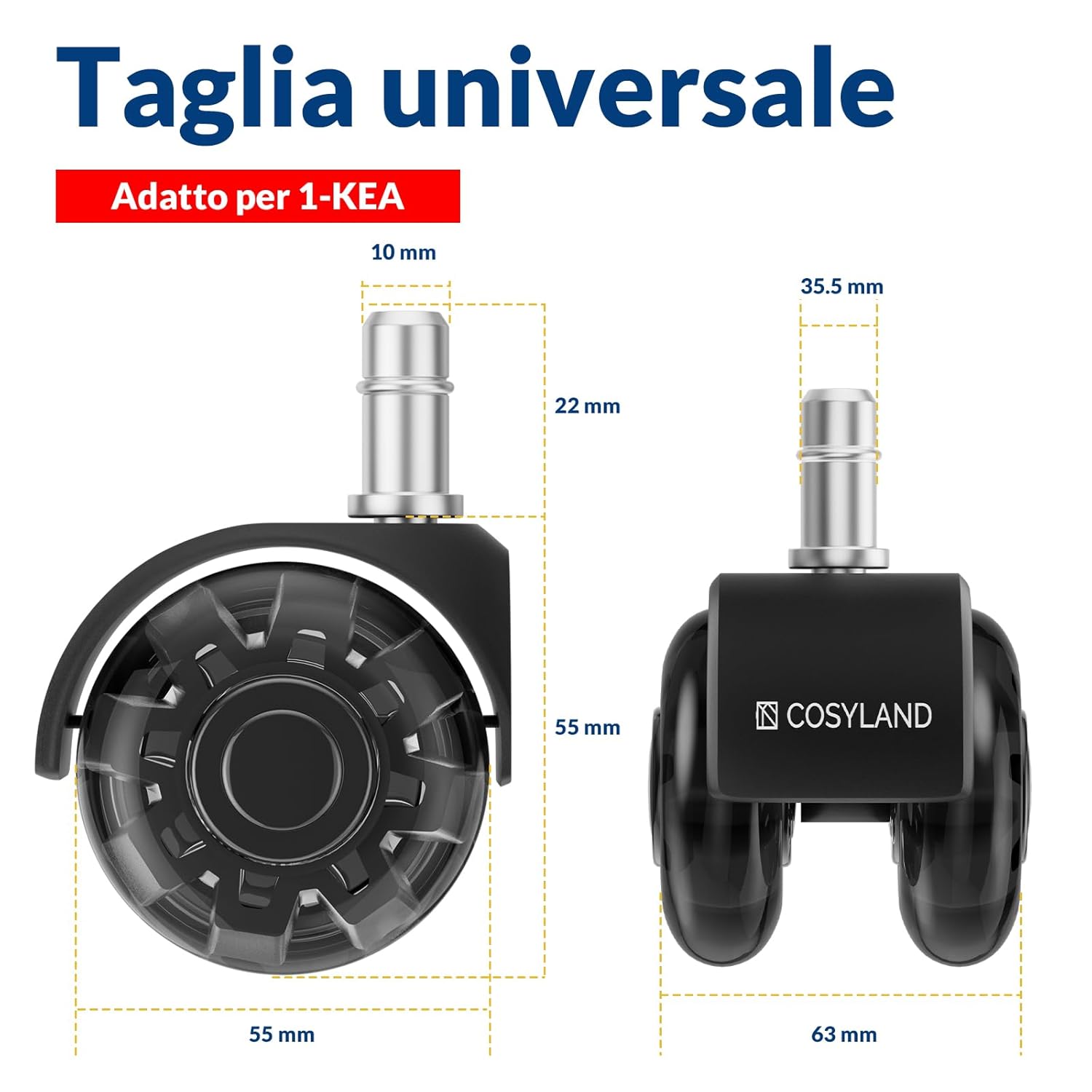 Detalle 2 de COSYLAND Set 5 Rotelle Doppie Nero Trasparente 10x22 mm per Sedie da Ufficio – Parquet e pavimenti delicati