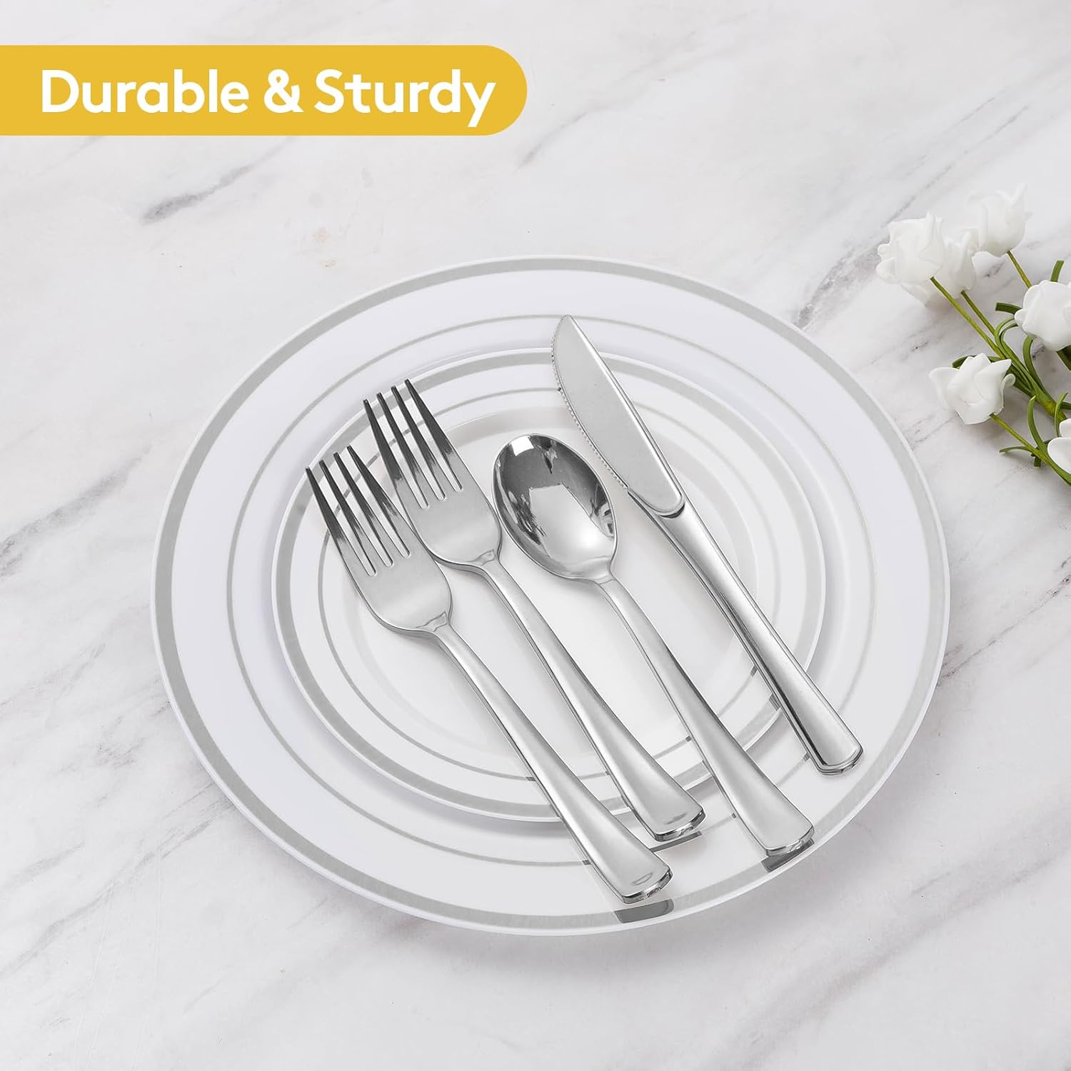 Detalle de Goodluck 600-Piece Disposable Silver Plates Set for 100 Guests