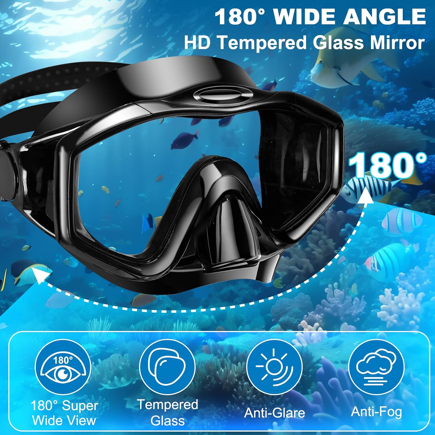 Detalle de Snorkel Set Adults: Anti-Fog Panoramic Goggles with Dry-Top Snorkel
