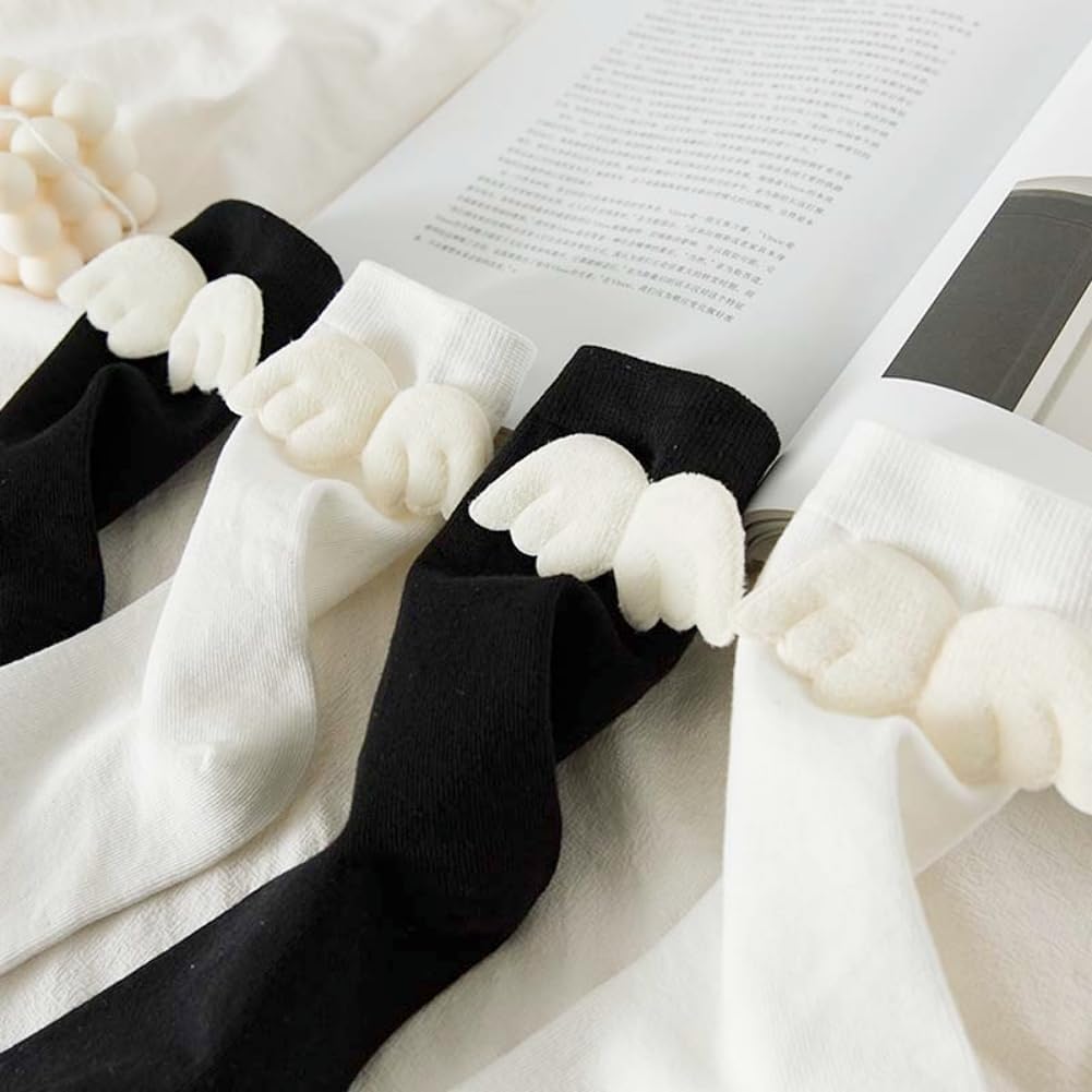 Detalle de AKAMAS 5 Paar Socken mit Engelsflügeln – Schwarz/Weiß, atmungsaktiv, süßes Lolita‑Design für Damen