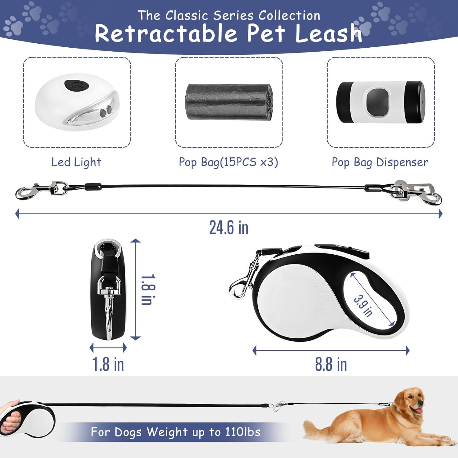 Thumbnail 1 de VTOPVMAX Retractable Dog Lead 8m (26ft) with LED Light & Chew‑Proof Cable, for Medium/Large Dogs up to 50kg