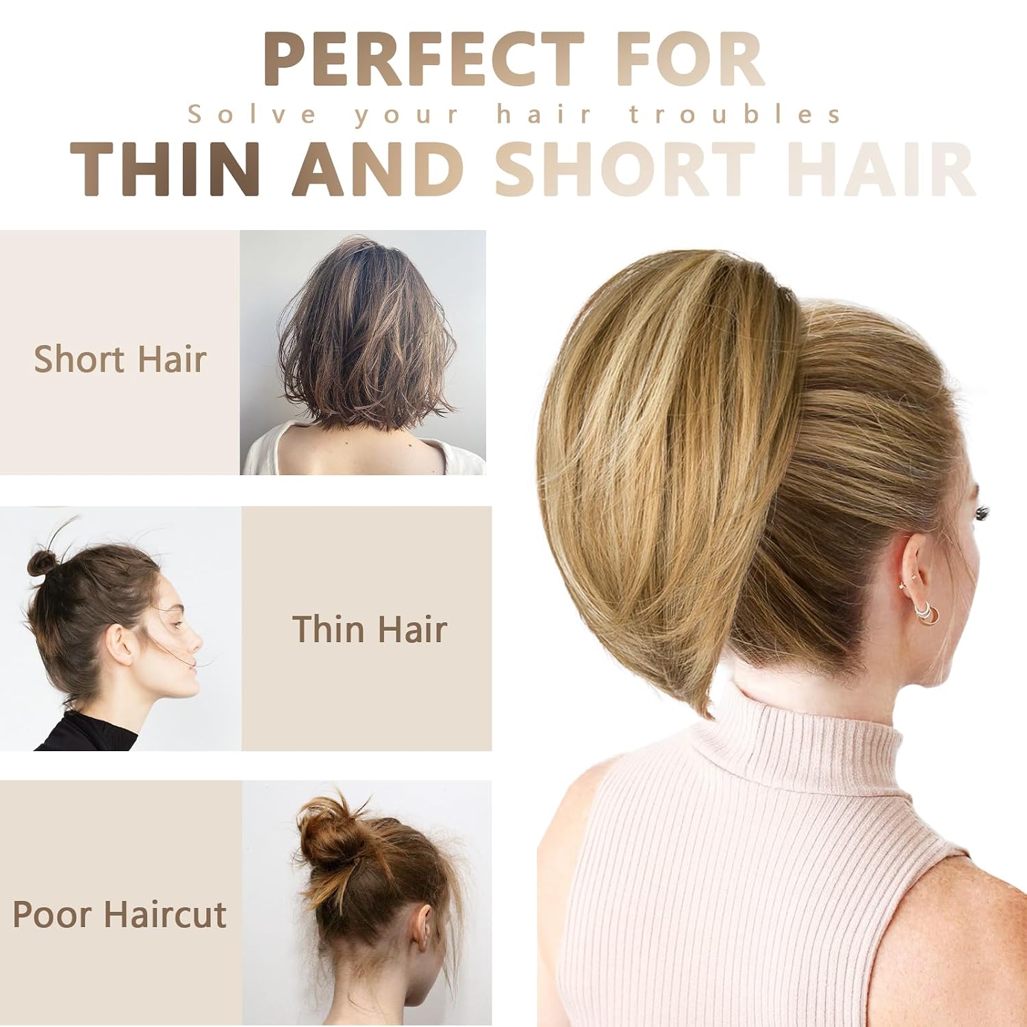 Detalle de Clip on Ponytails for Women - 10 Inch Short Straight Synthetic Ponytail Extension (Dark Blonde with Beige Highlights)