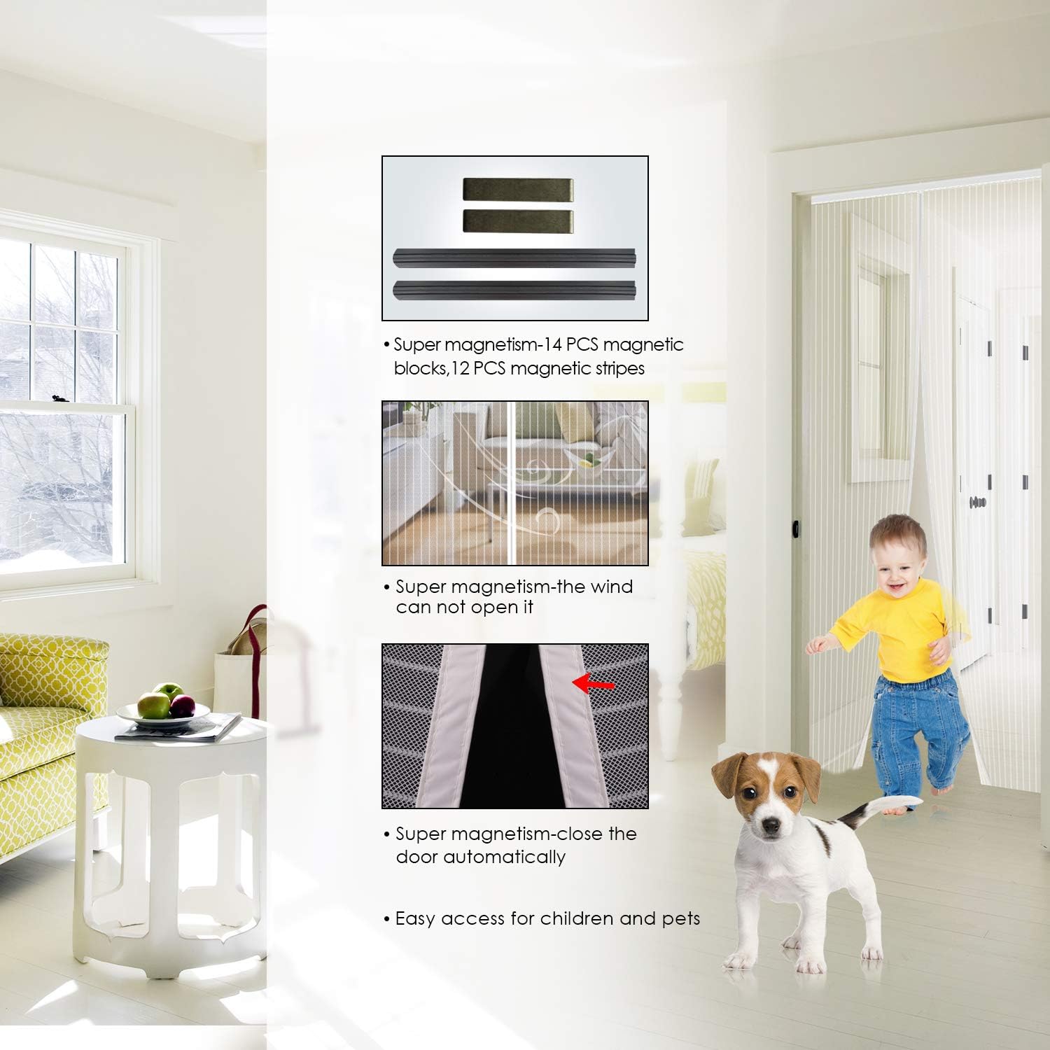 Thumbnail 4 de MYCARBON Fly Screen Door Keep Insects Out Mosquito Door Screen (White/Stripes, 90 × 210cm)