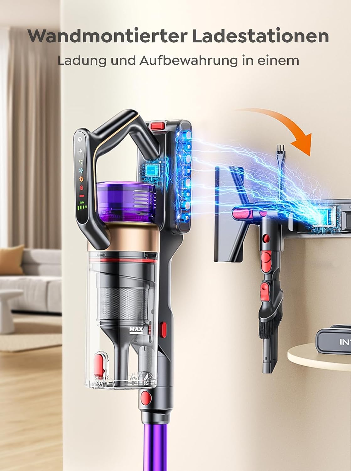 Detalle 2 de INTETURE Akku-Staubsauger BP30 mit 50 kPa, 600 W, 65 Min Laufzeit und wandmontierbarer Ladestation (Grünlicht & Touchscreen)